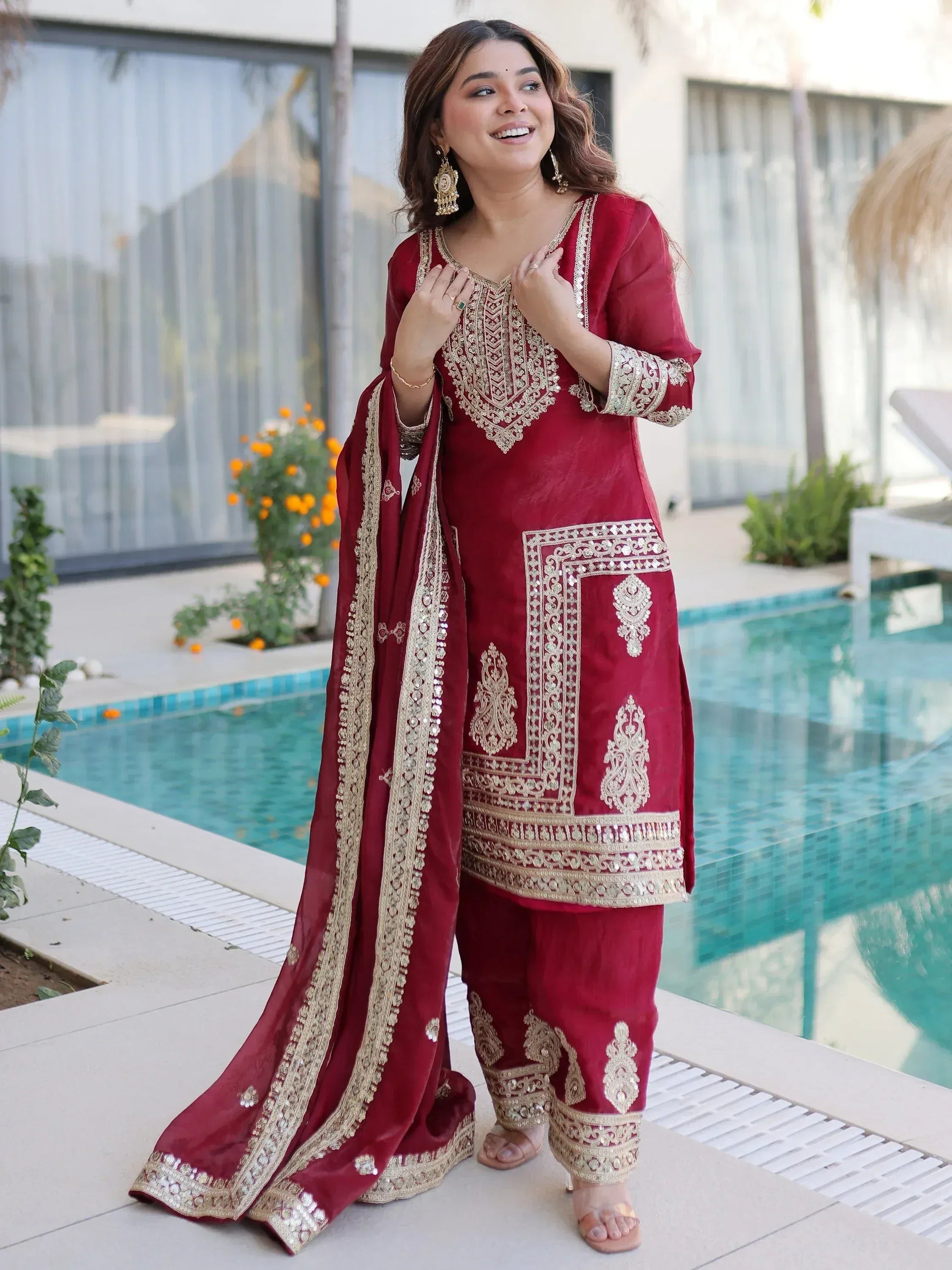 Attractive Maroon Embroidered Silk Festival Wear Salwar Kameez
