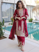 Attractive Maroon Embroidered Silk Festival Wear Salwar Kameez