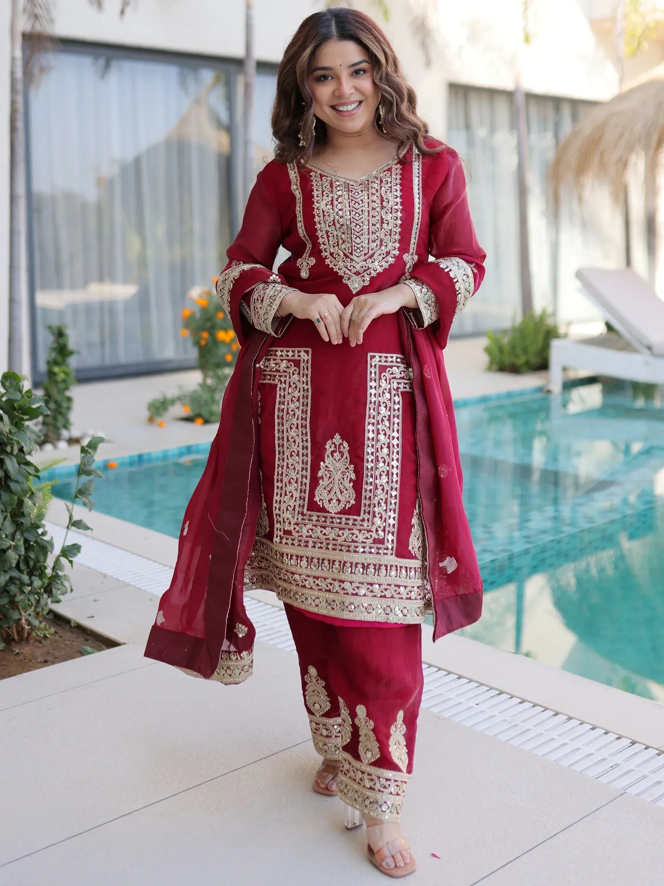 Attractive Maroon Embroidered Silk Festival Wear Salwar Kameez