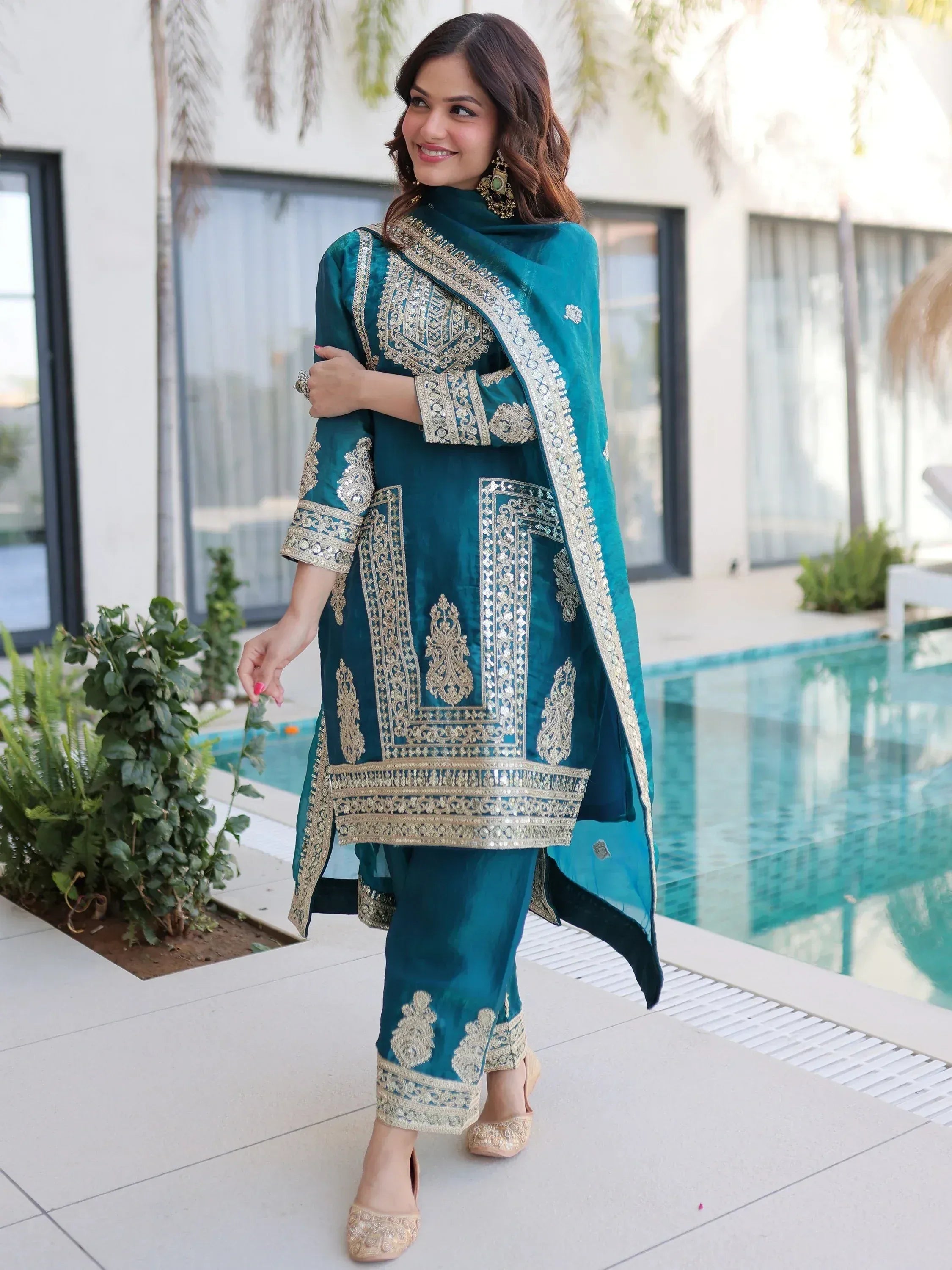 Gorgeous Rama Blue Embroidered Silk Wedding Wear Salwar Kameez