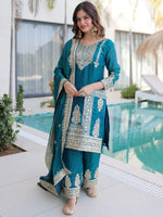 Gorgeous Rama Blue Embroidered Silk Wedding Wear Salwar Kameez