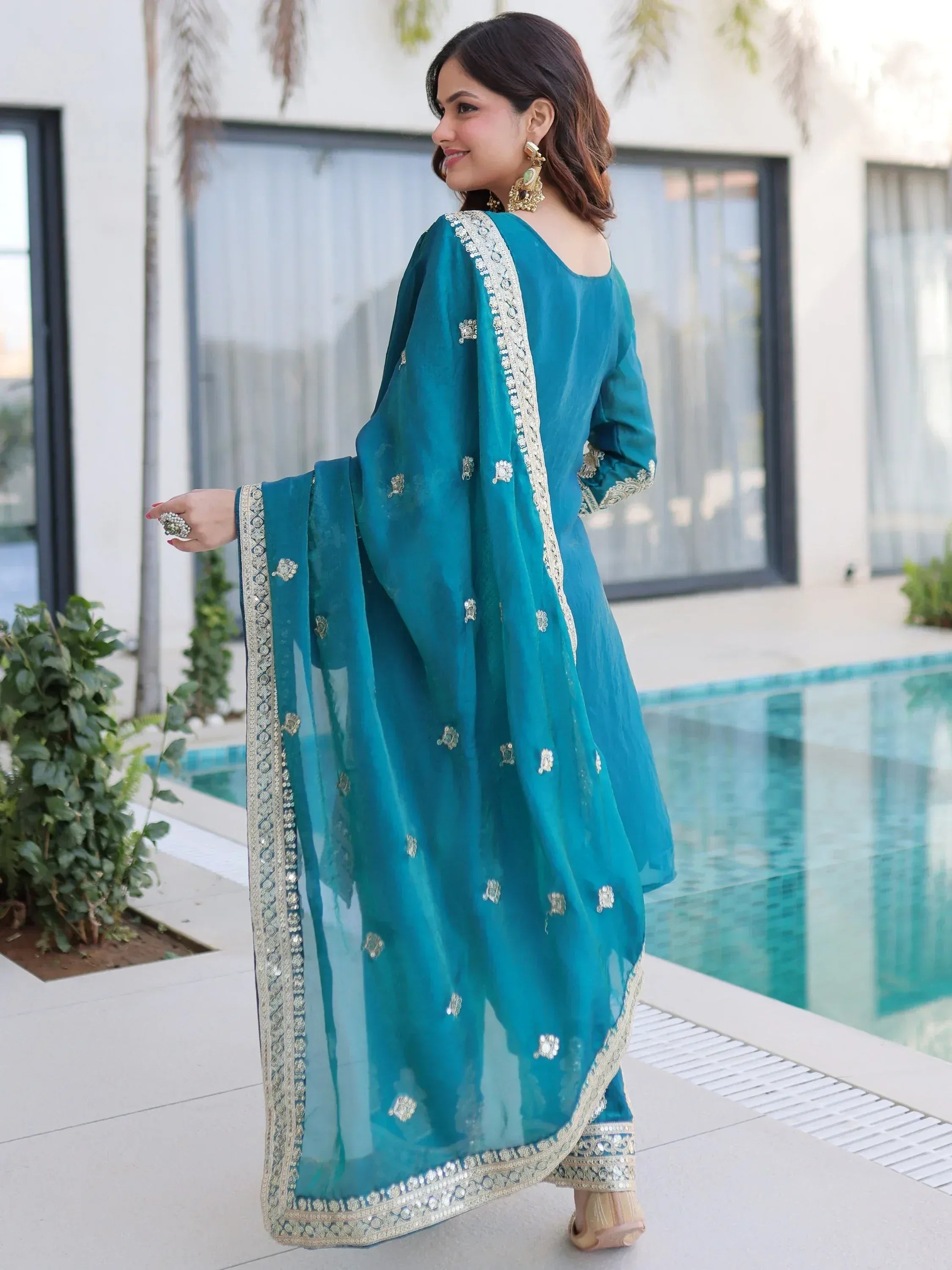 Gorgeous Rama Blue Embroidered Silk Wedding Wear Salwar Kameez