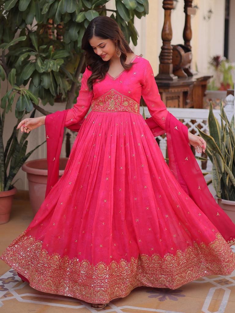 Exclusive Pink Zari Work Silk Event Wear Gown With Dupatta