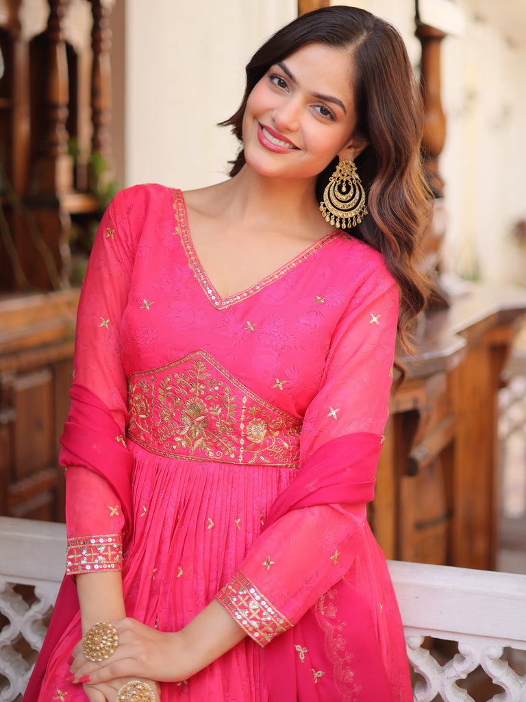 Exclusive Pink Zari Work Silk Event Wear Gown With Dupatta