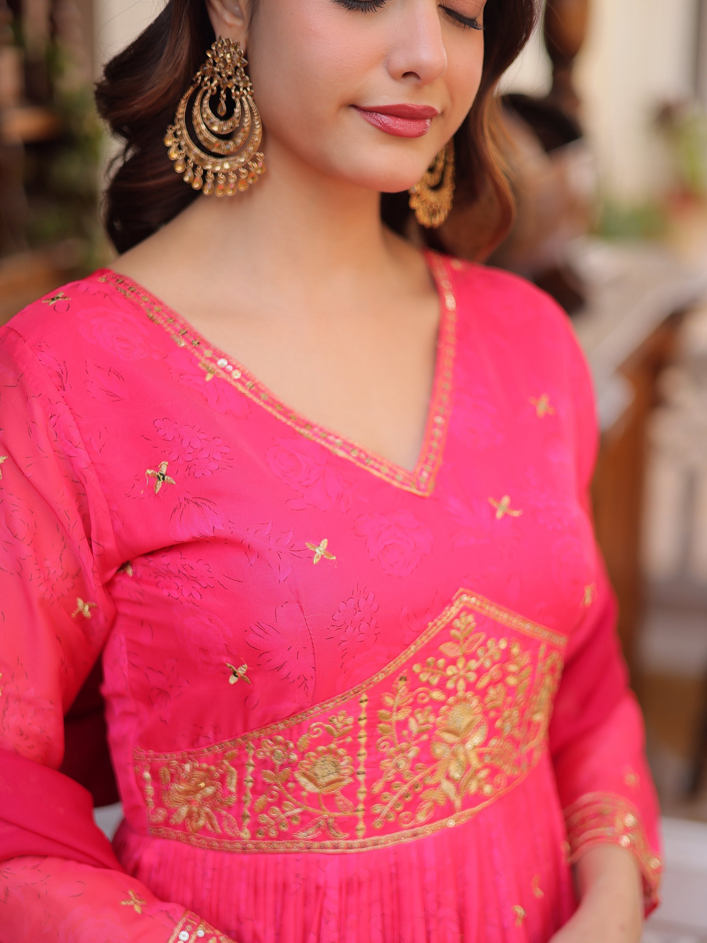 Exclusive Pink Zari Work Silk Event Wear Gown With Dupatta