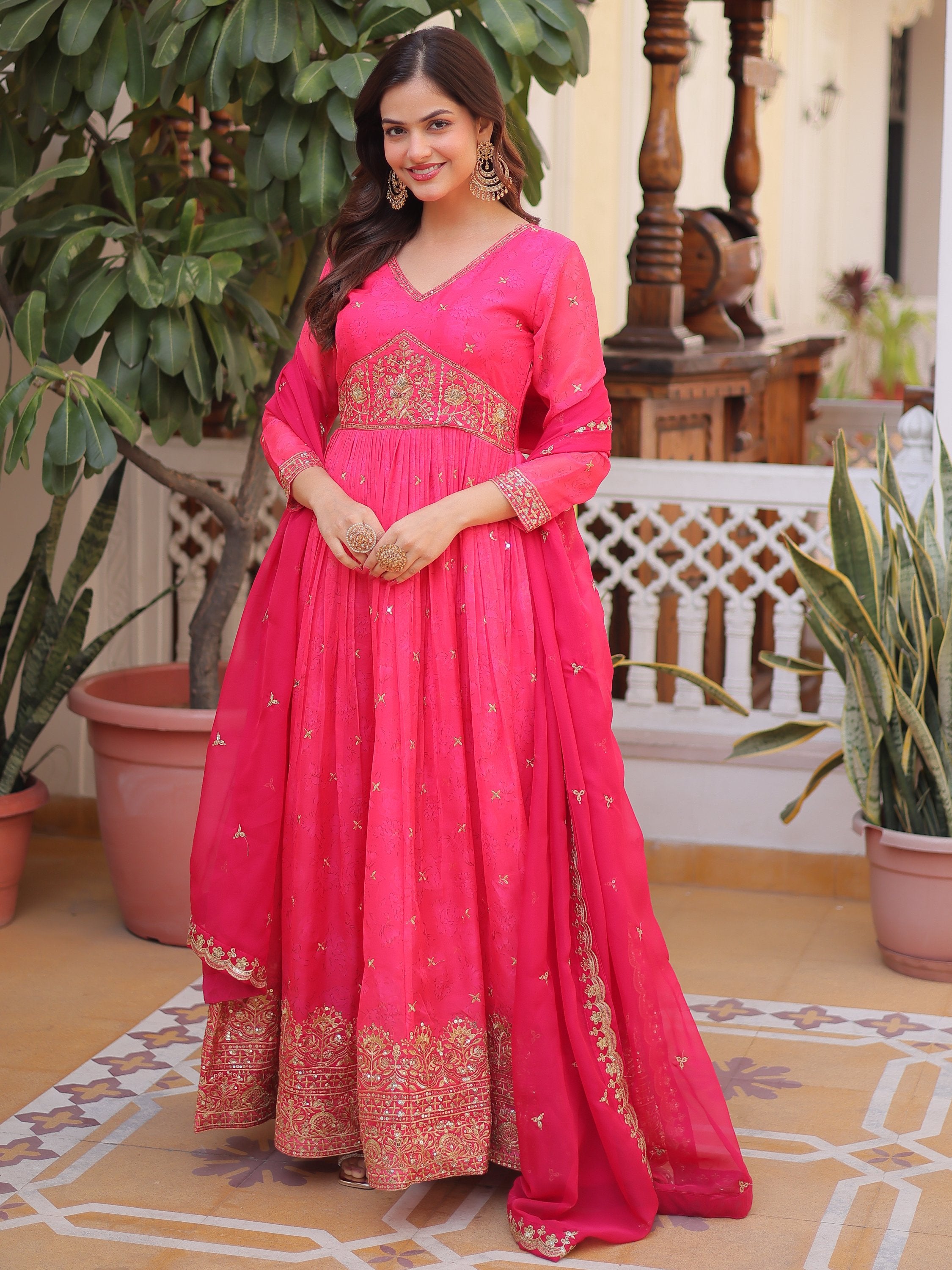 Exclusive Pink Zari Work Silk Event Wear Gown With Dupatta
