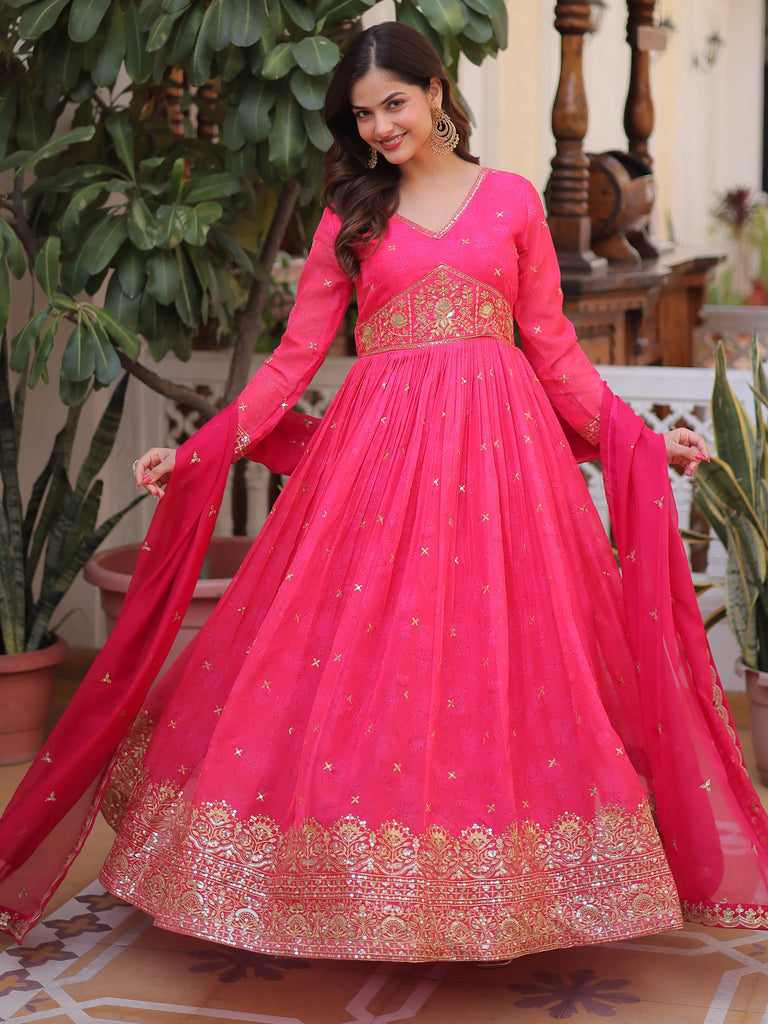 Exclusive Pink Zari Work Silk Event Wear Gown With Dupatta