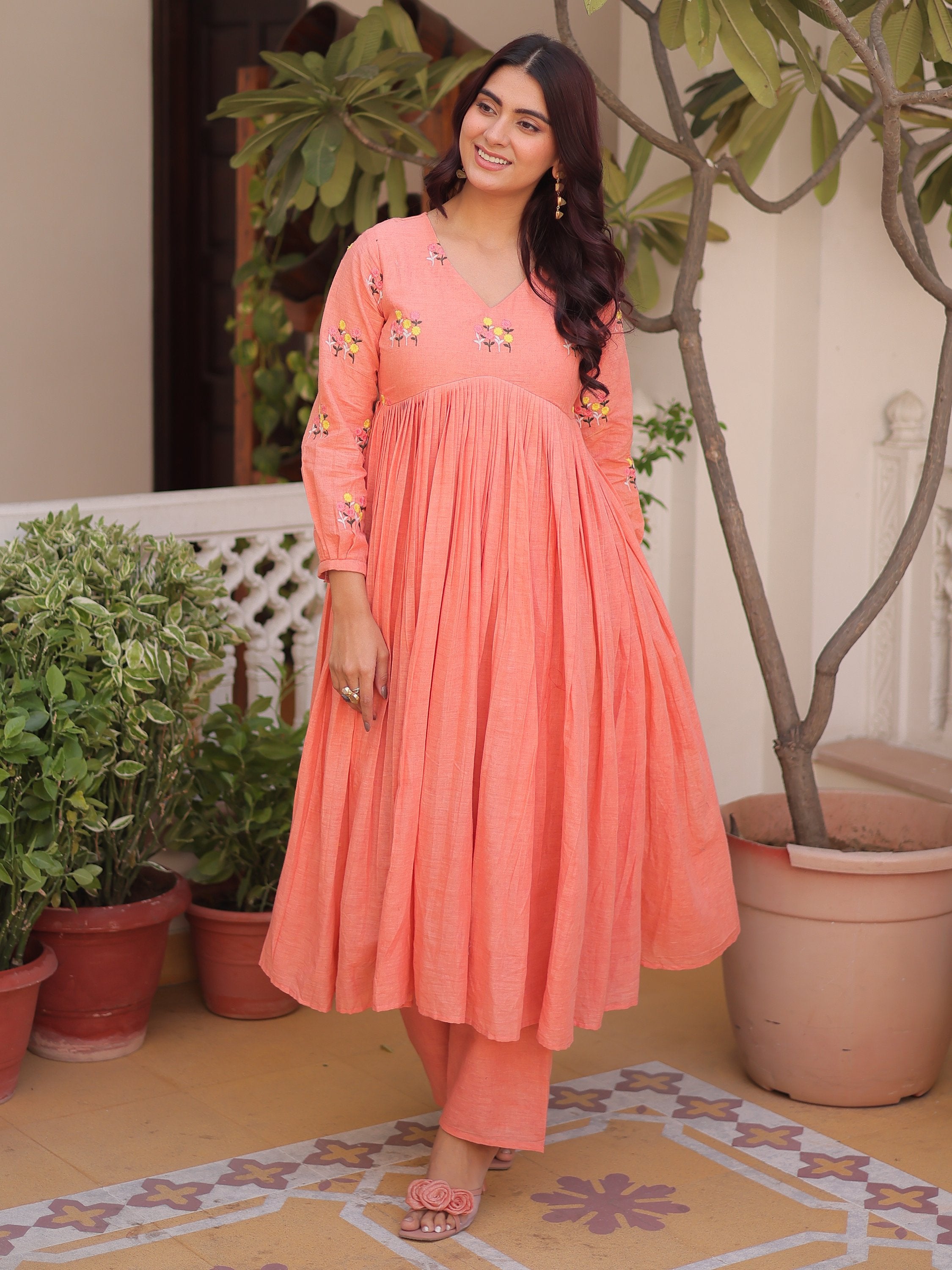 Charming Peach Floral Embroidery Cotton Festive Wear Pant Suit