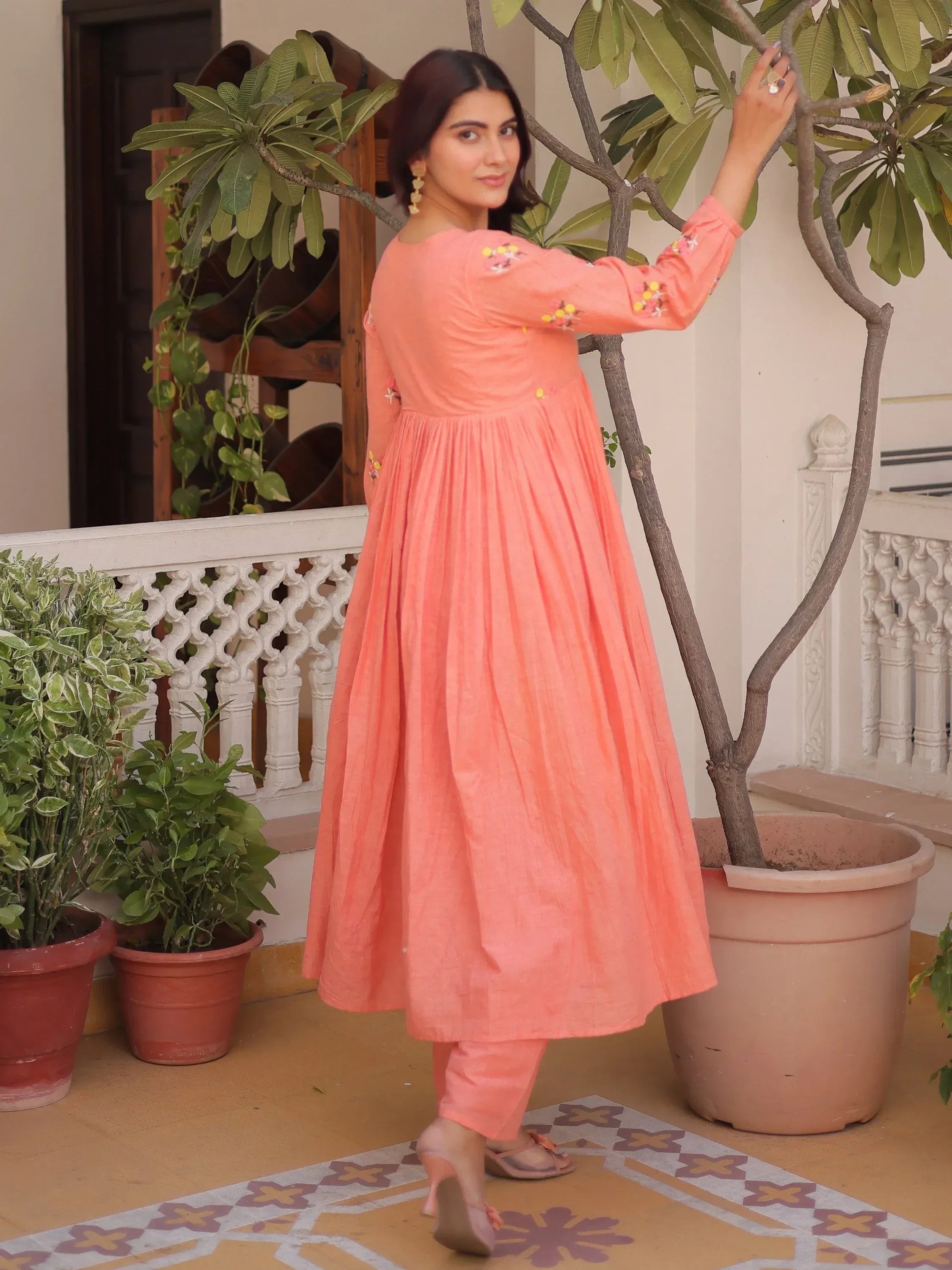 Charming Peach Floral Embroidery Cotton Festive Wear Pant Suit
