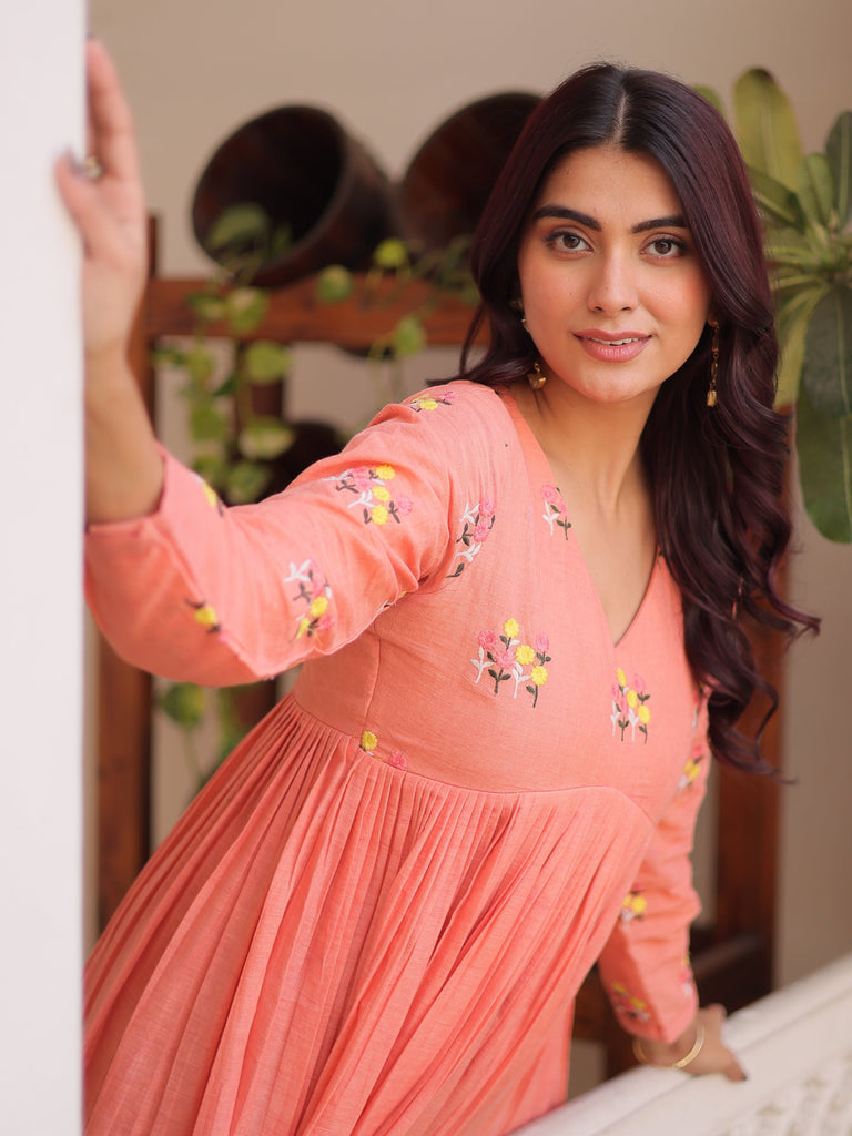 Charming Peach Floral Embroidery Cotton Festive Wear Pant Suit