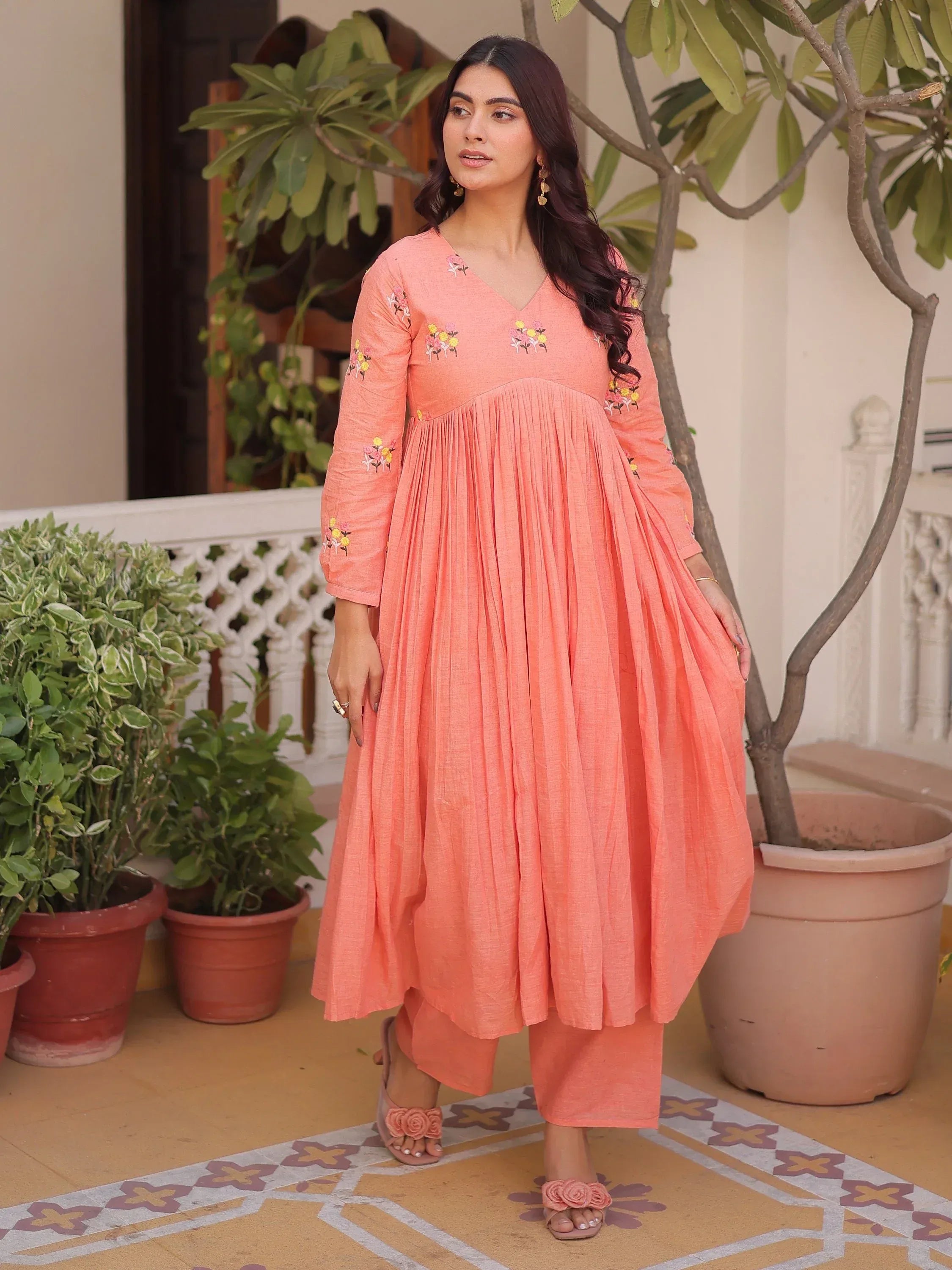 Charming Peach Floral Embroidery Cotton Festive Wear Pant Suit