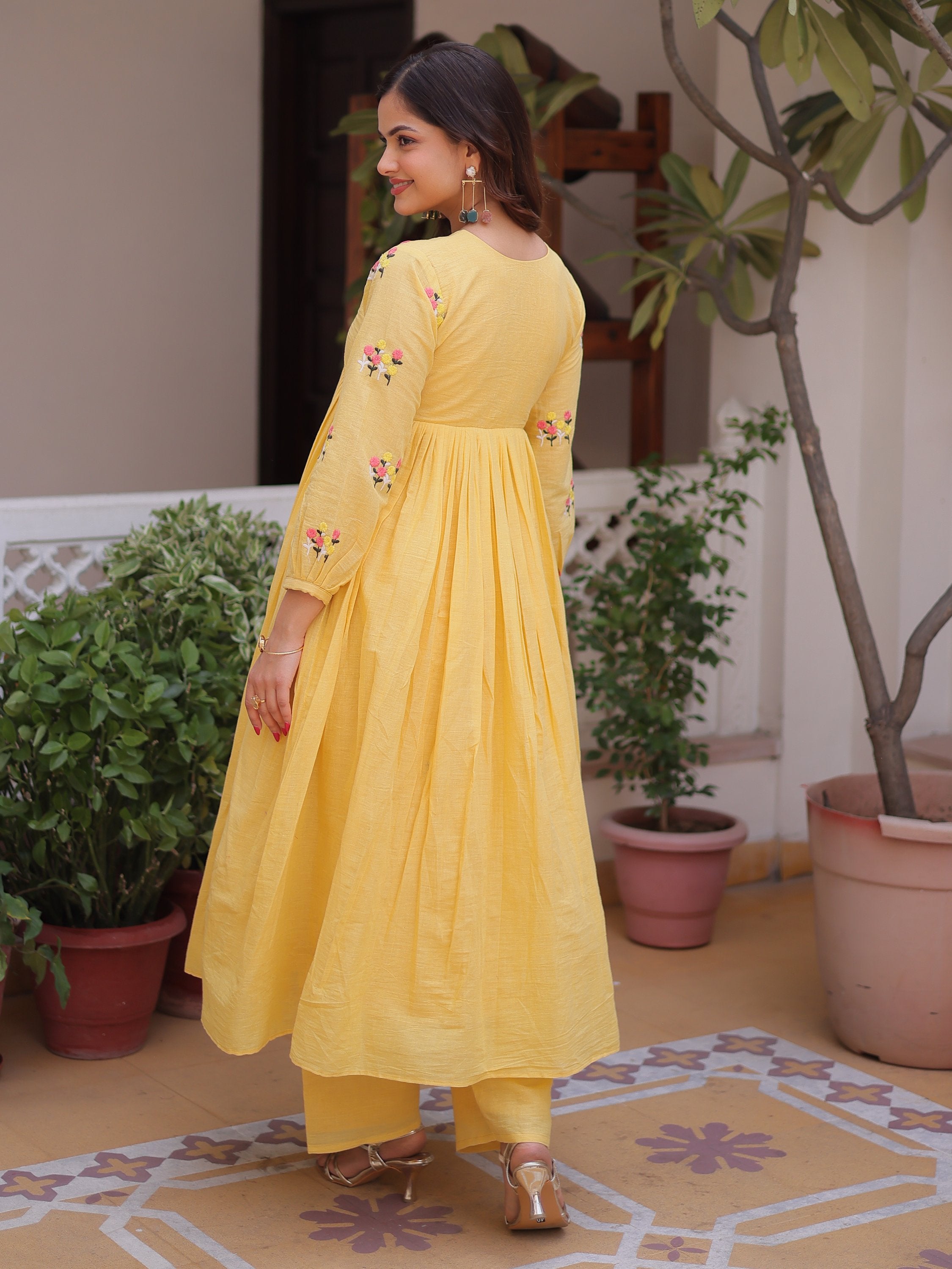 Radiant Yellow Thread Work Cotton Haldi Wear Pant Suit