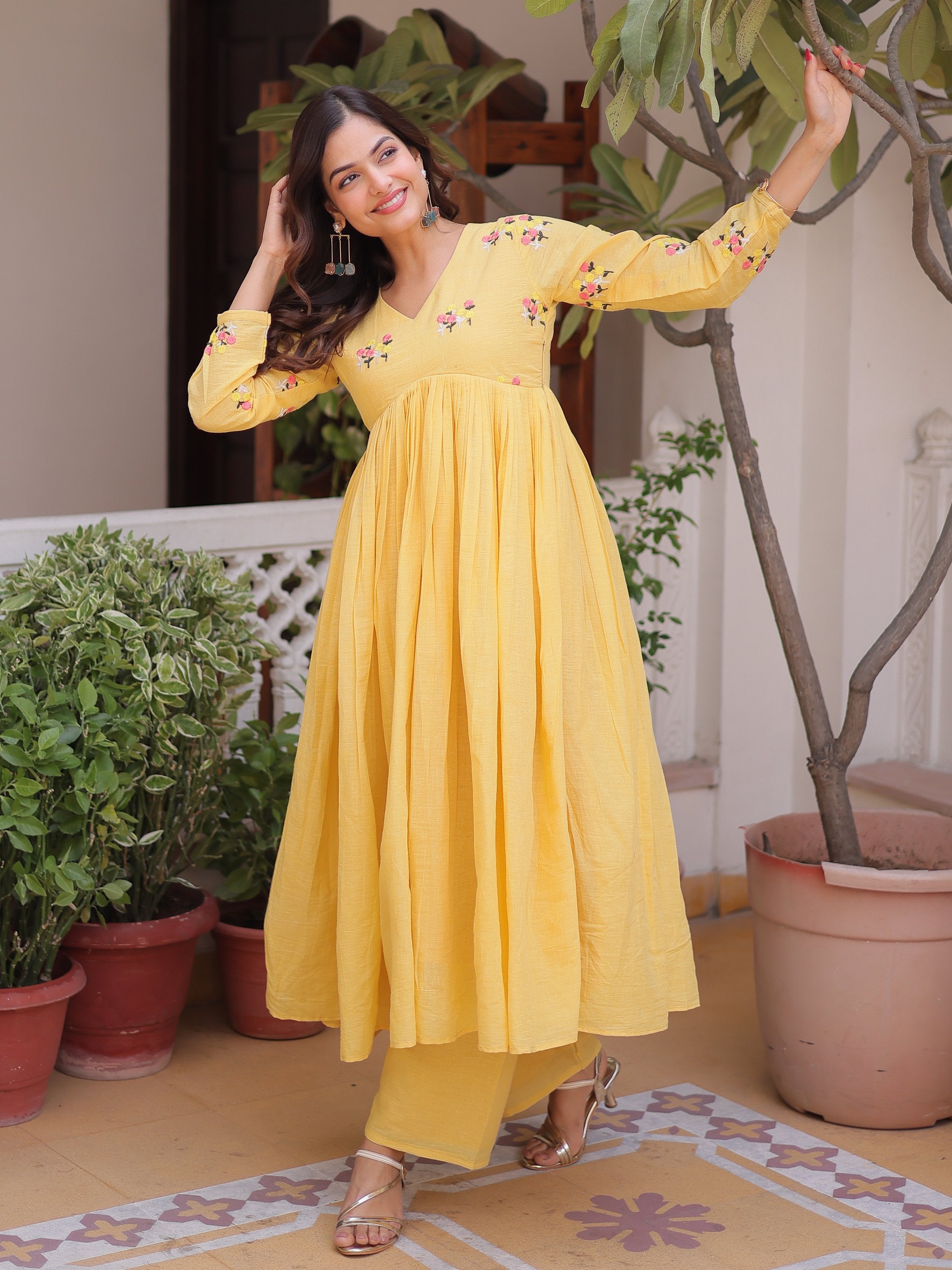 Radiant Yellow Thread Work Cotton Haldi Wear Pant Suit