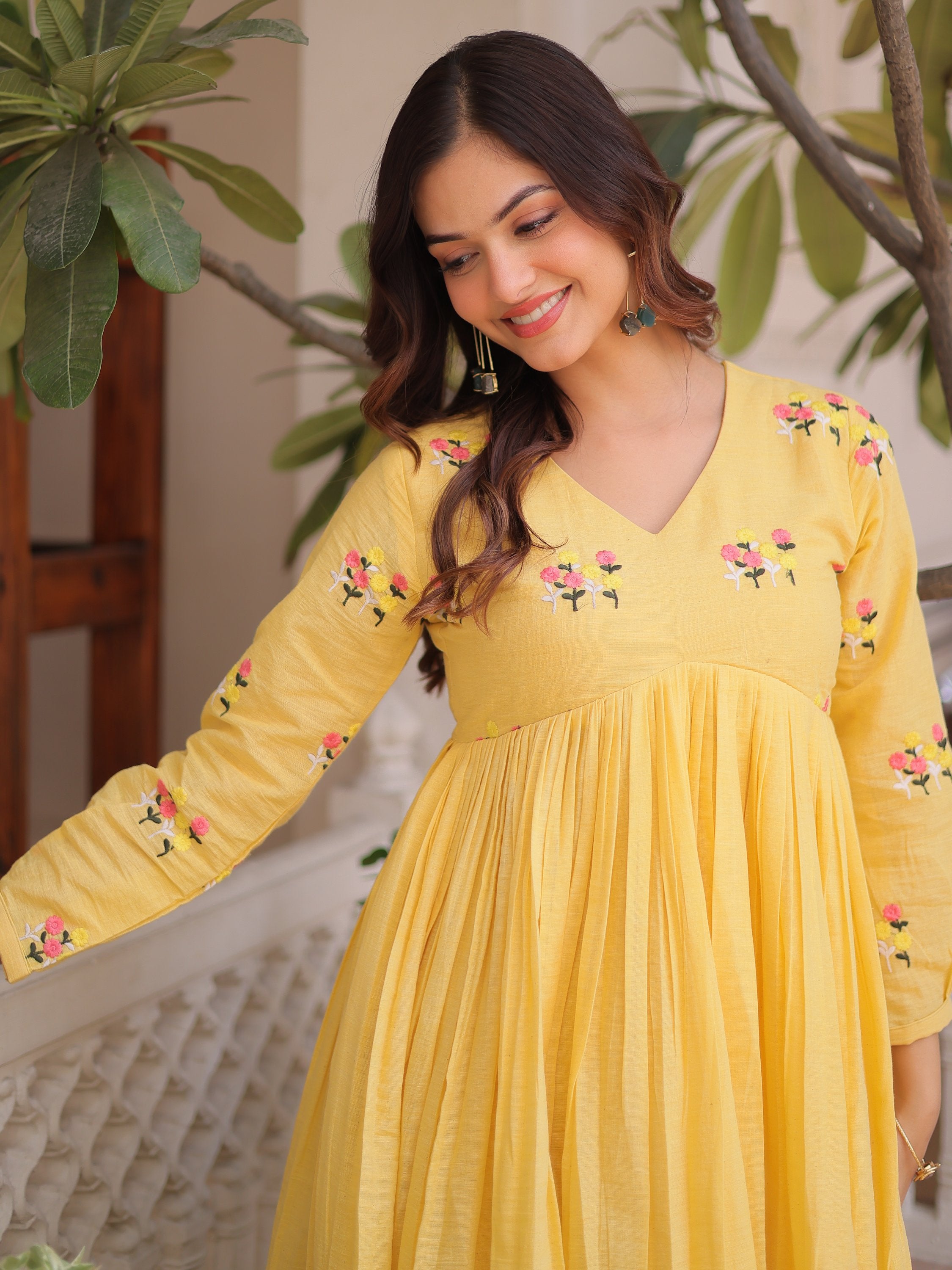 Radiant Yellow Thread Work Cotton Haldi Wear Pant Suit