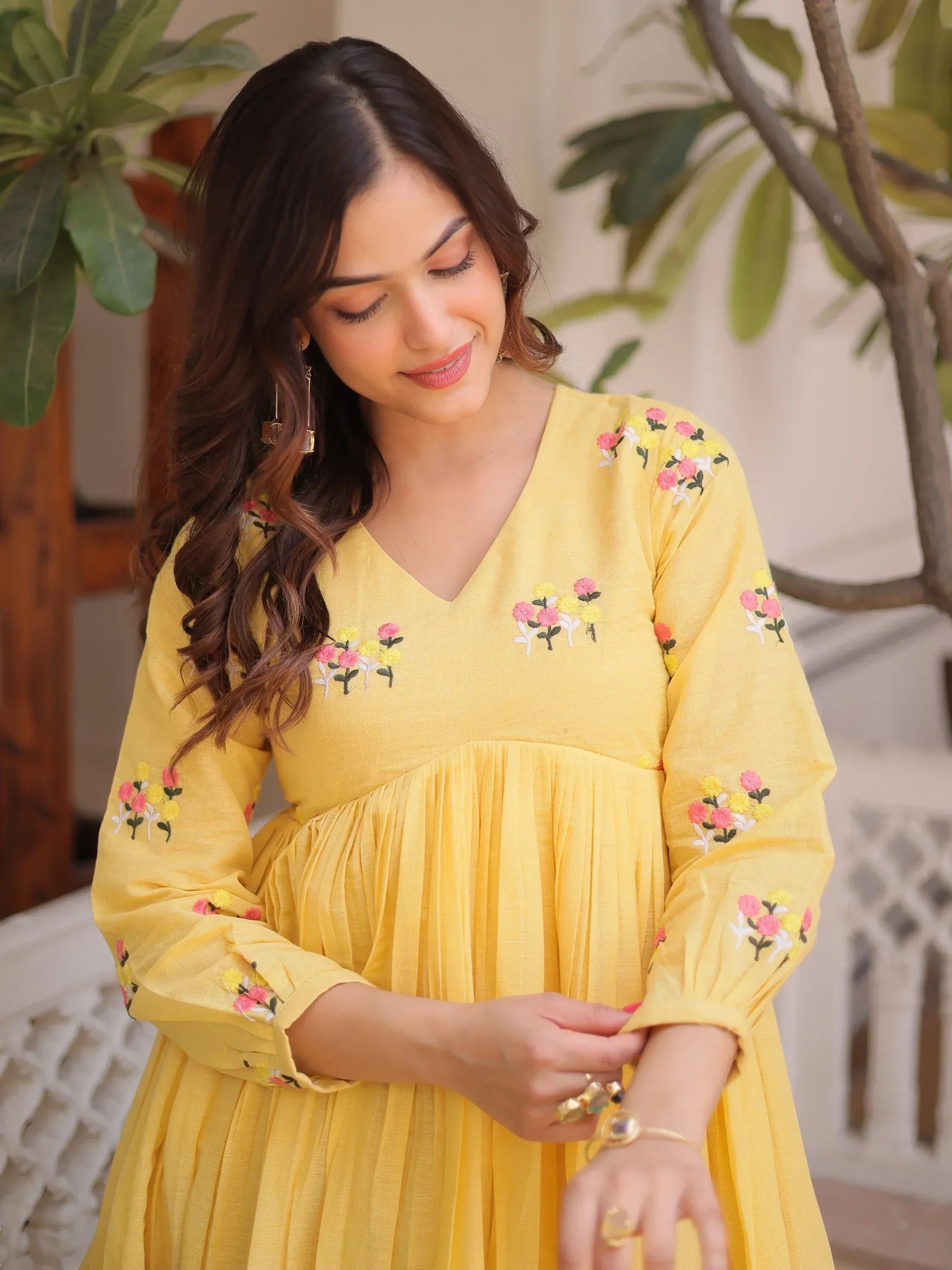 Radiant Yellow Thread Work Cotton Haldi Wear Pant Suit
