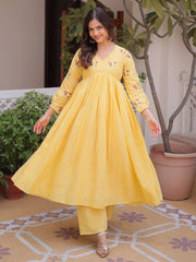 Radiant Yellow Thread Work Cotton Haldi Wear Pant Suit
