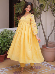 Radiant Yellow Thread Work Cotton Haldi Wear Pant Suit