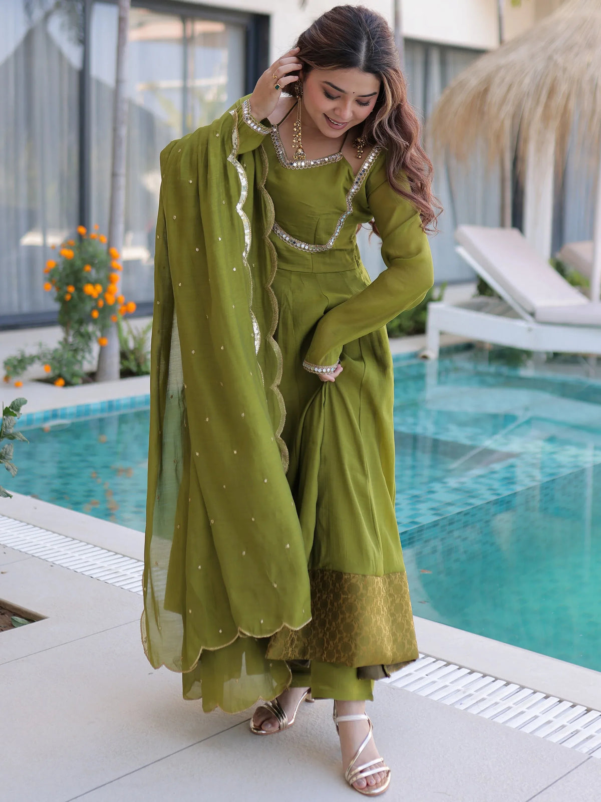 Outstanding Green Lace Work Chanderi Mehendi Wear Anarkali Suit Pant