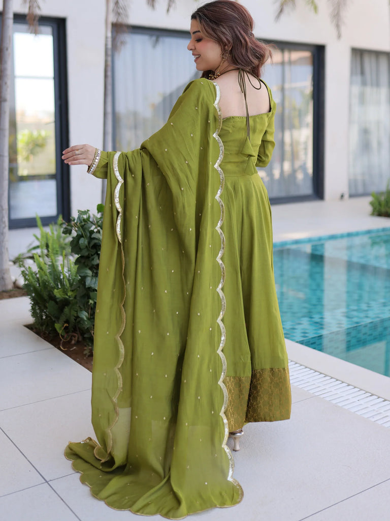 Outstanding Green Lace Work Chanderi Mehendi Wear Anarkali Suit Pant