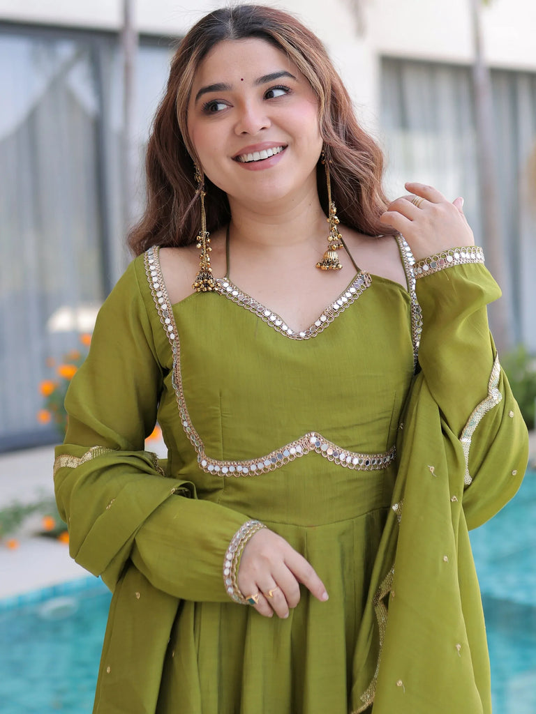 Outstanding Green Lace Work Chanderi Mehendi Wear Anarkali Suit Pant