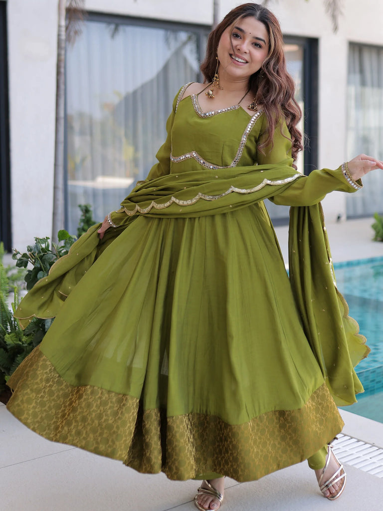 Outstanding Green Lace Work Chanderi Mehendi Wear Anarkali Suit Pant