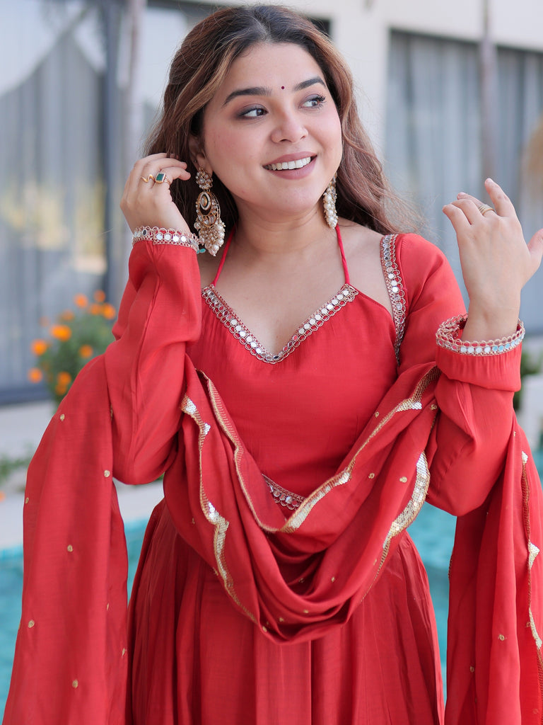 Marvelous Red Lace Work Chanderi Festival Wear Anarkali Suit Pant