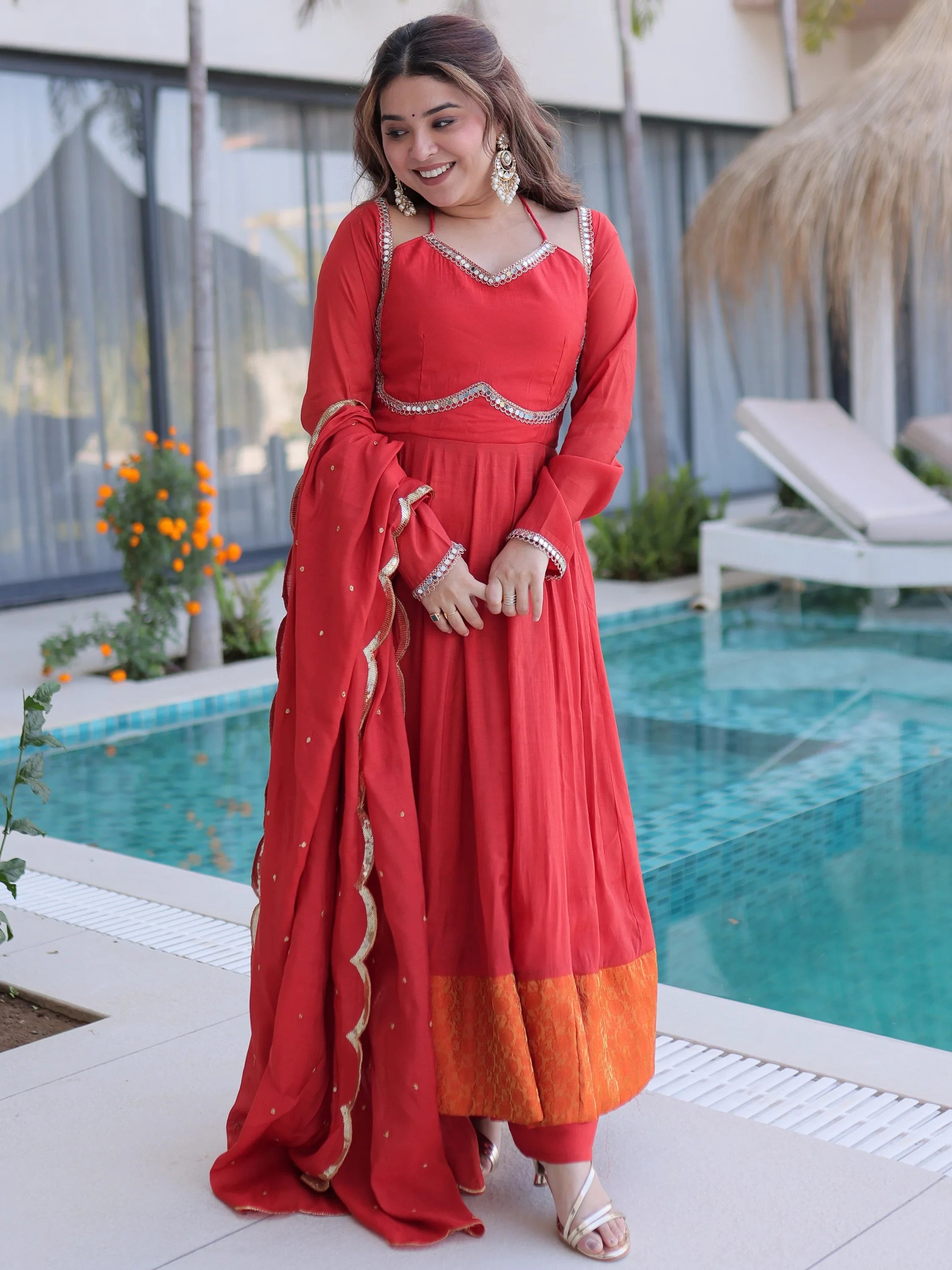 Marvelous Red Lace Work Chanderi Festival Wear Anarkali Suit Pant