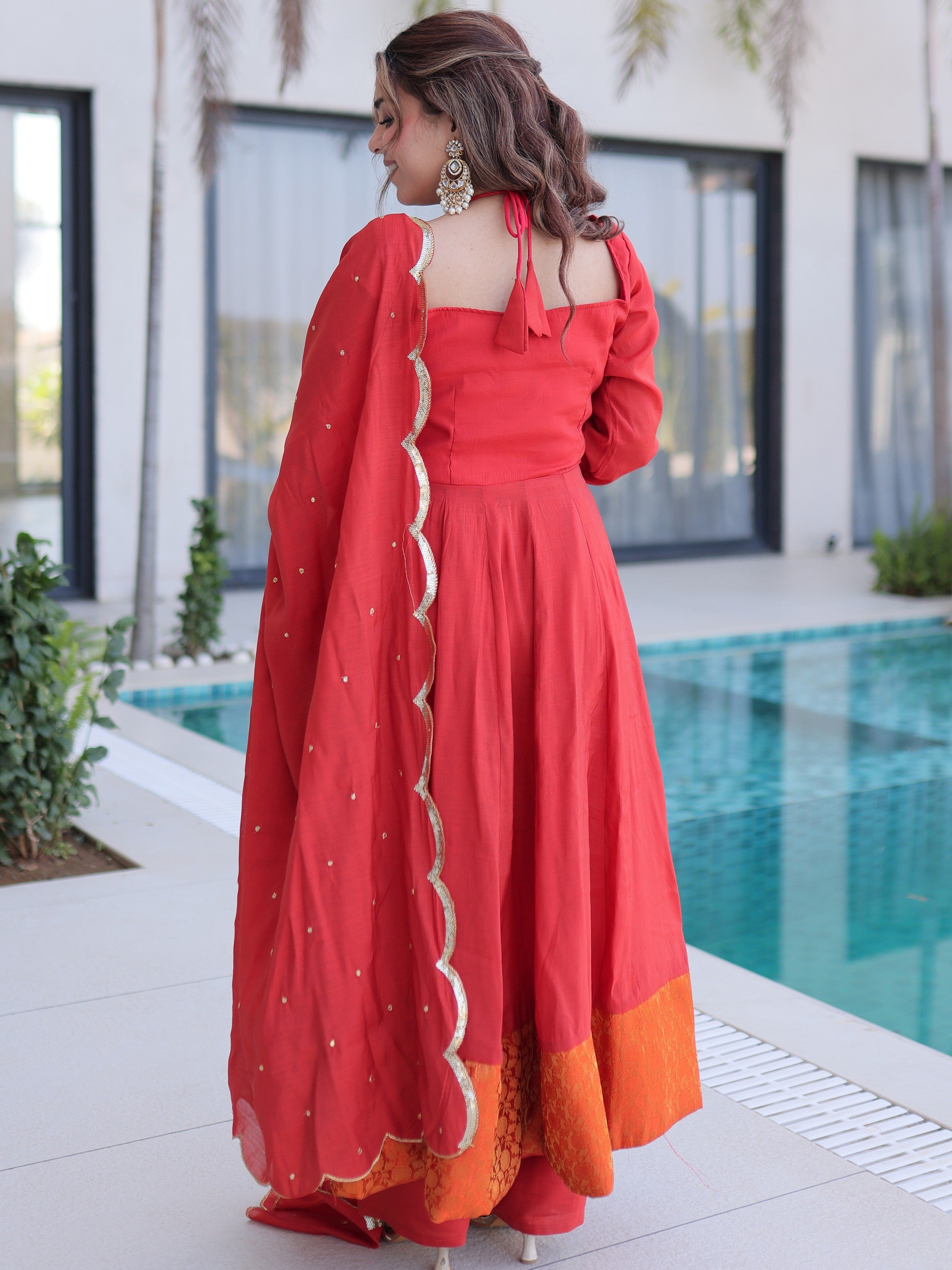 Marvelous Red Lace Work Chanderi Festival Wear Anarkali Suit Pant