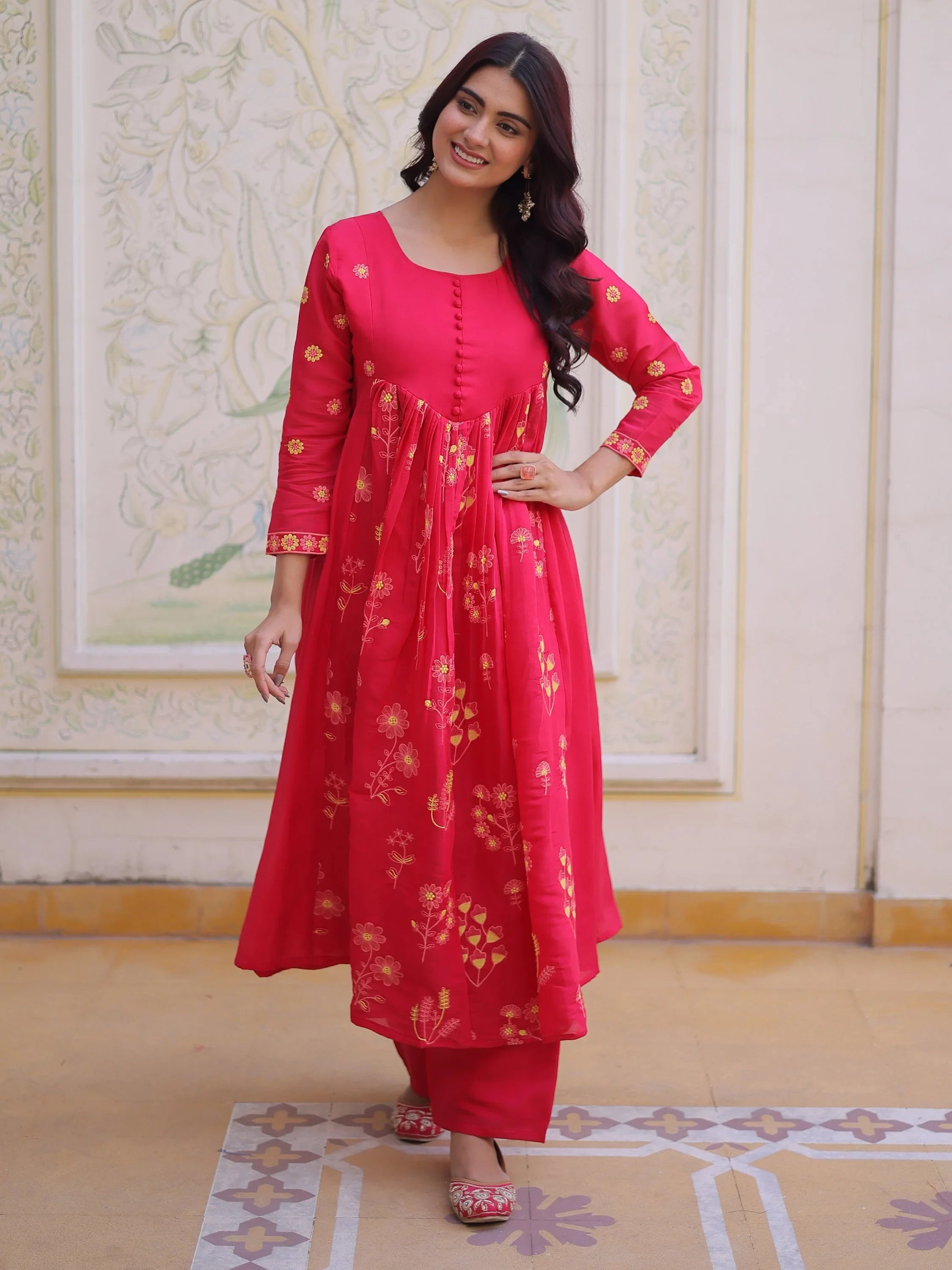 Enchanting Pink Thread Embroidery Chanderi Function Wear Pant Suit
