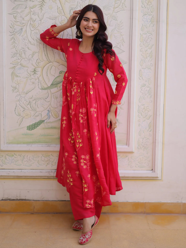 Enchanting Pink Thread Embroidery Chanderi Function Wear Pant Suit