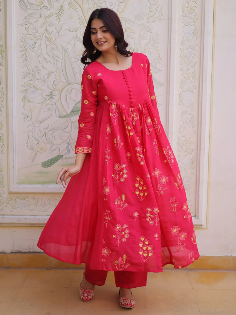 Enchanting Pink Thread Embroidery Chanderi Function Wear Pant Suit