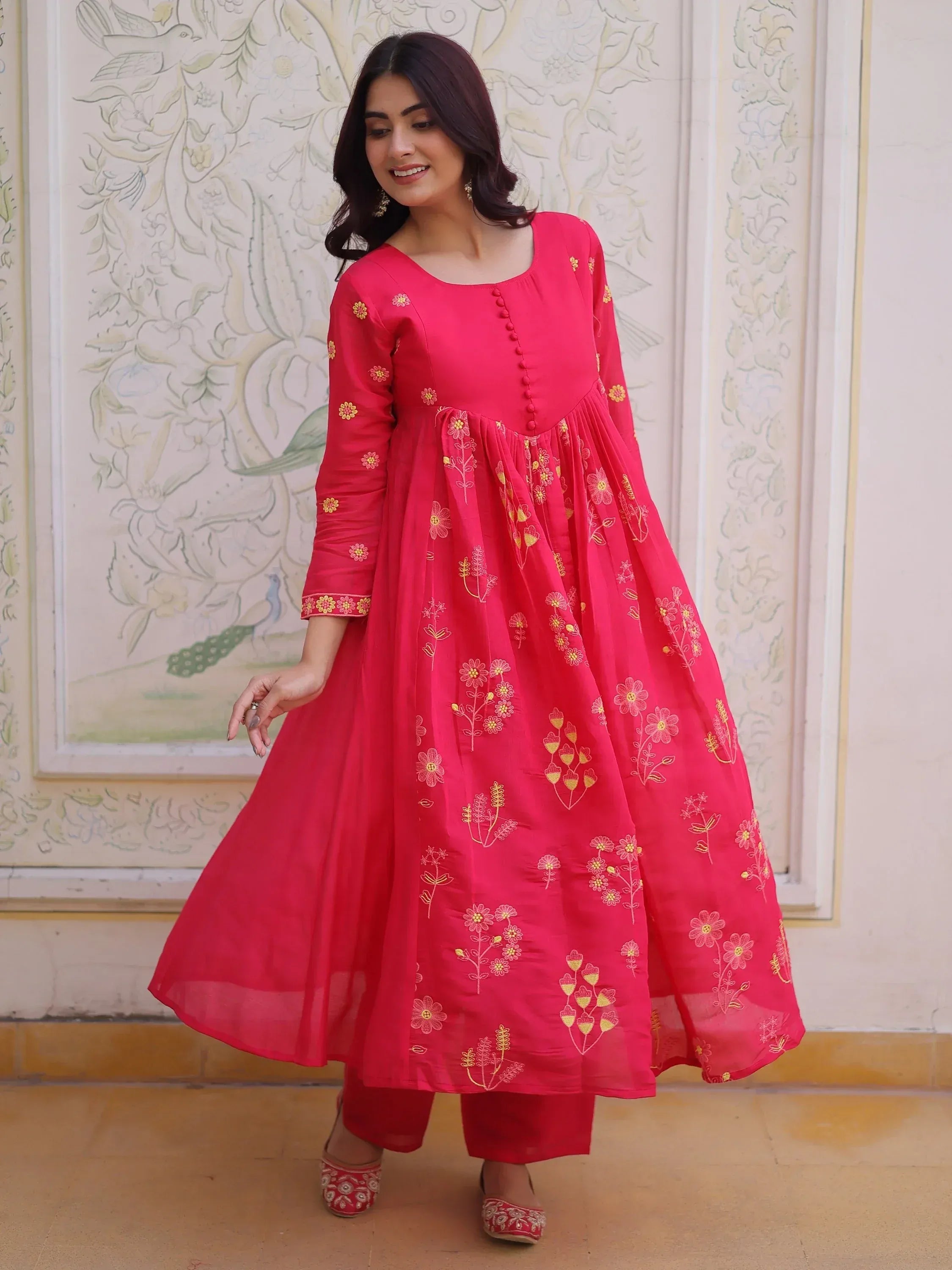 Enchanting Pink Thread Embroidery Chanderi Function Wear Pant Suit