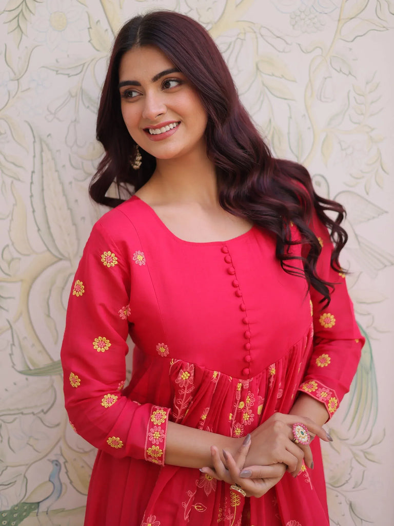 Enchanting Pink Thread Embroidery Chanderi Function Wear Pant Suit