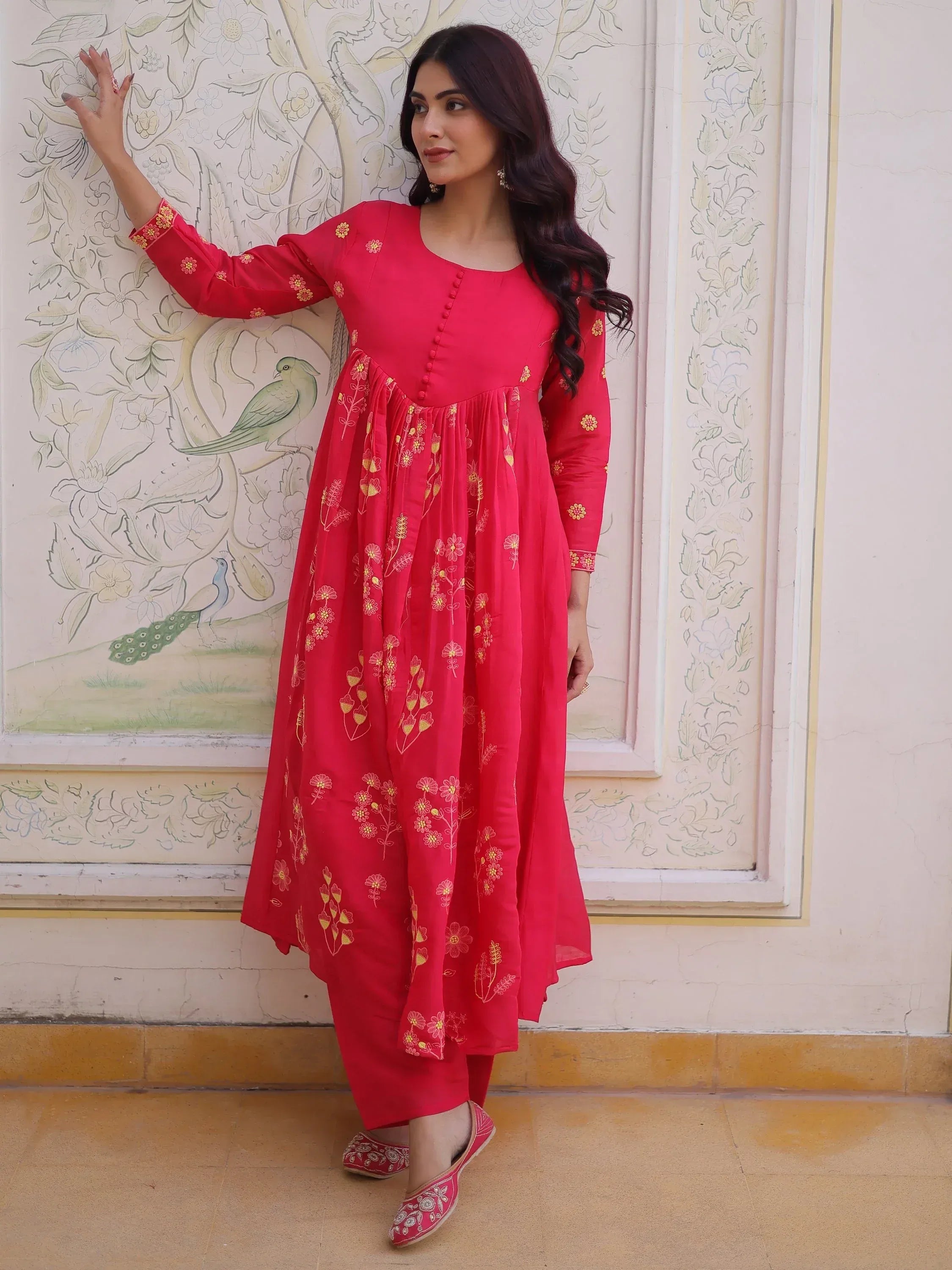 Enchanting Pink Thread Embroidery Chanderi Function Wear Pant Suit