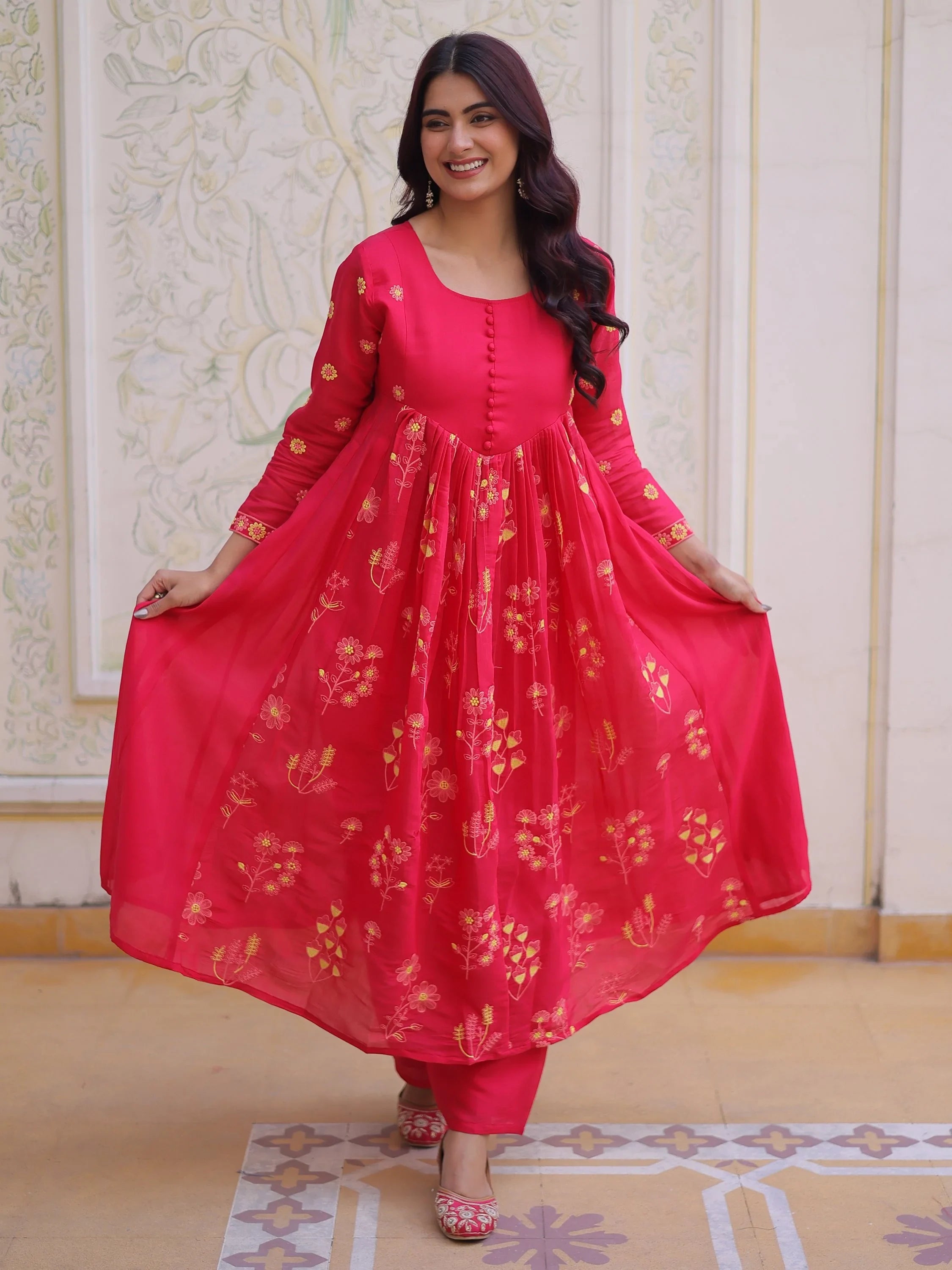 Enchanting Pink Thread Embroidery Chanderi Function Wear Pant Suit