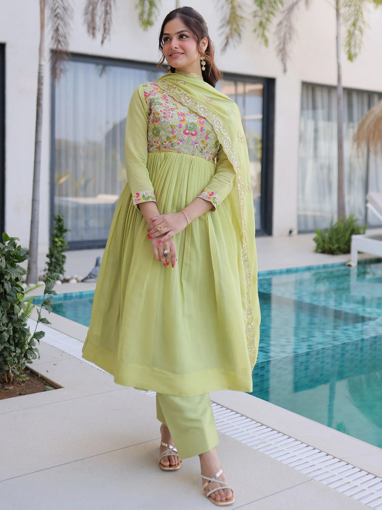 Rich Pista Green Thread Work Chanderi Traditional Anarkali Pant Suit