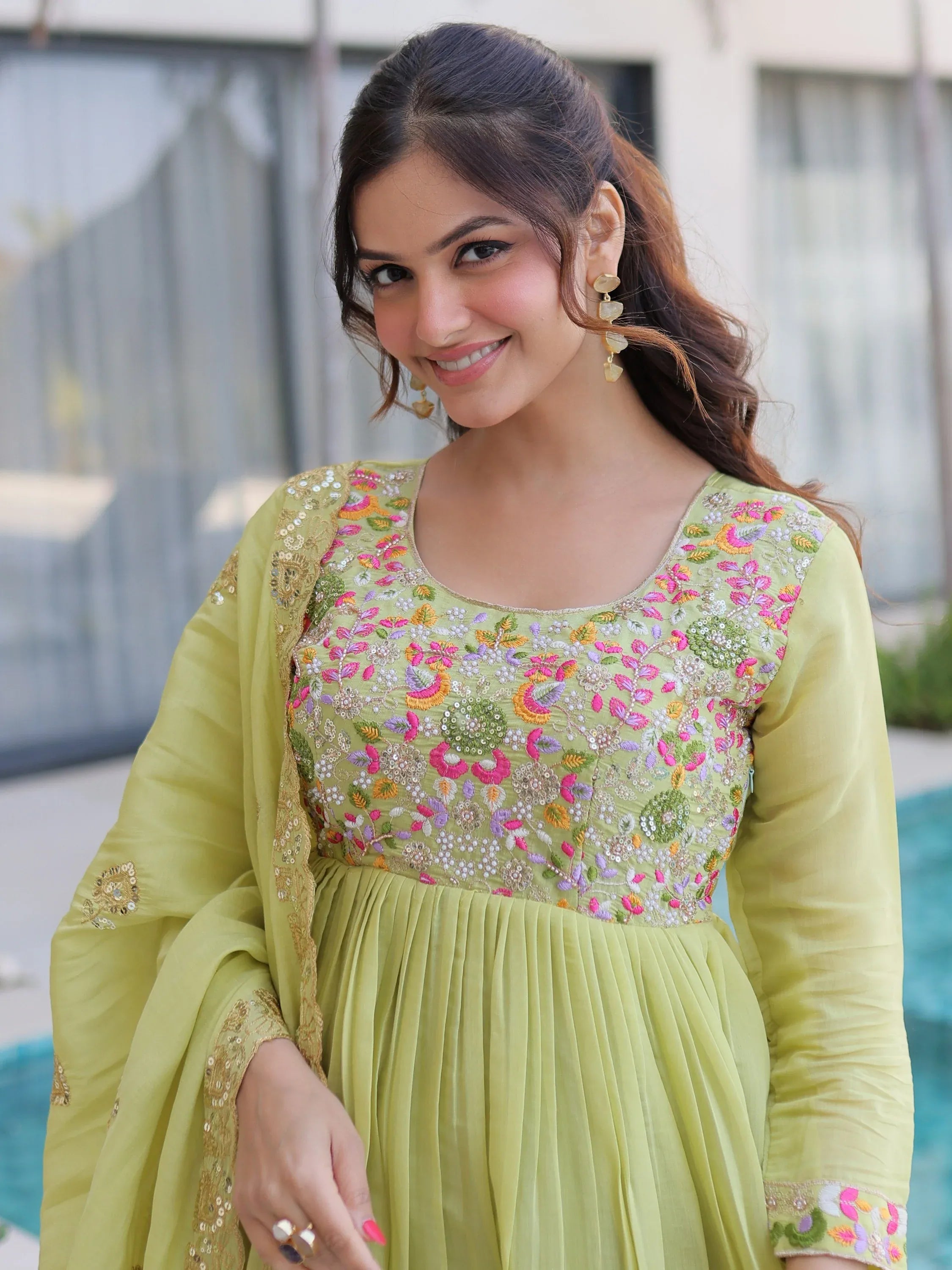Rich Pista Green Thread Work Chanderi Traditional Anarkali Pant Suit