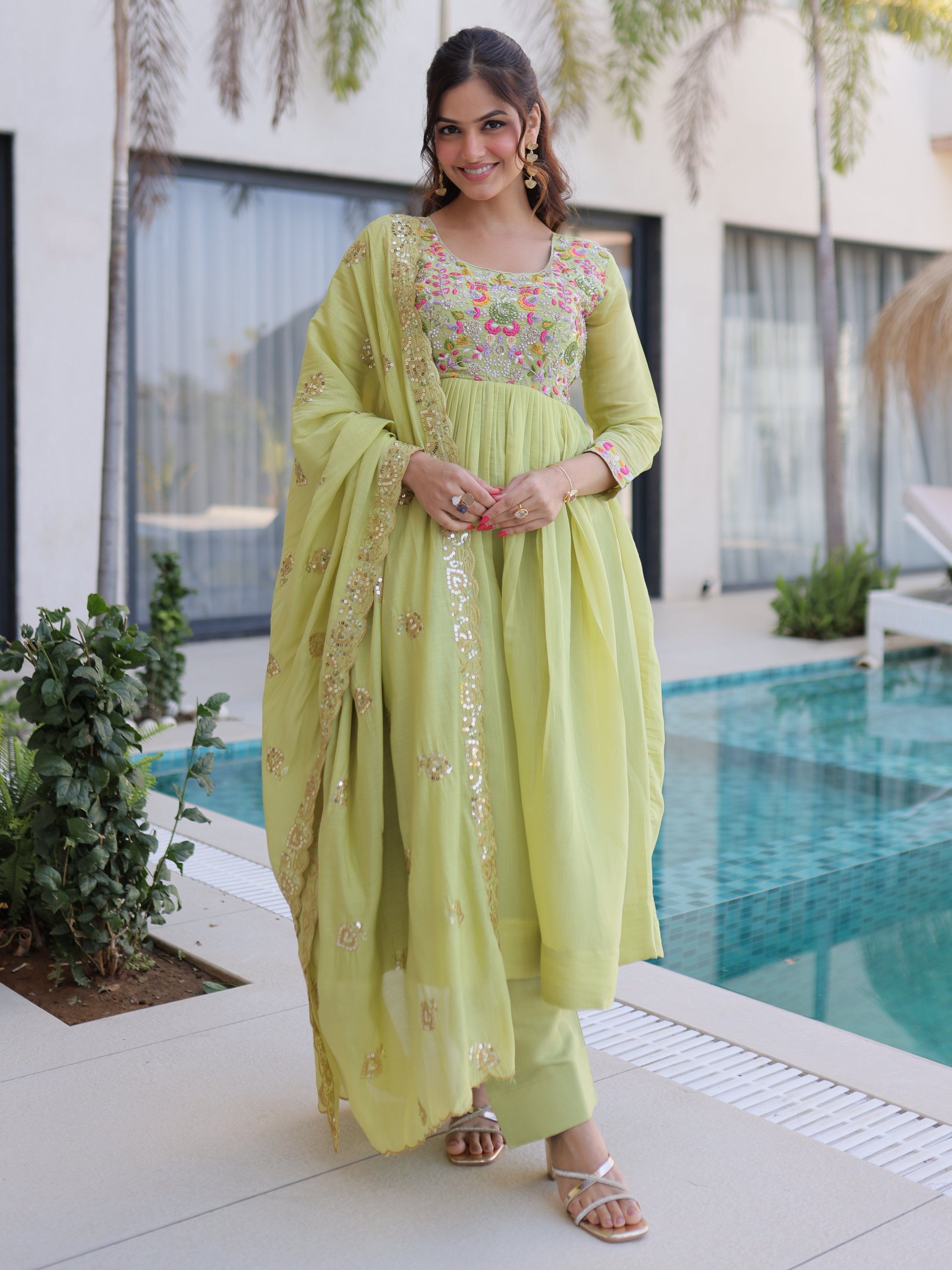 Rich Pista Green Thread Work Chanderi Traditional Anarkali Pant Suit