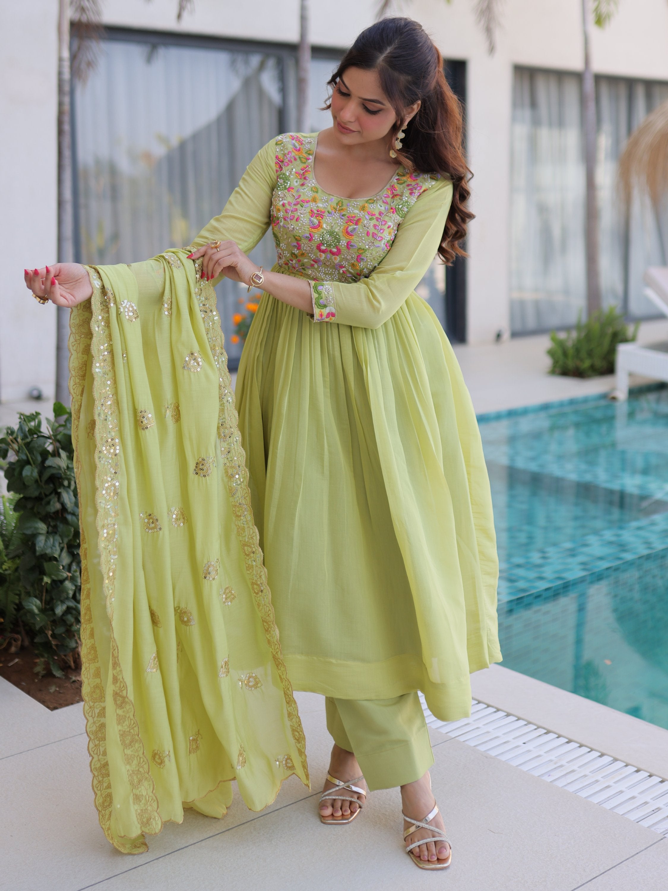 Rich Pista Green Thread Work Chanderi Traditional Anarkali Pant Suit