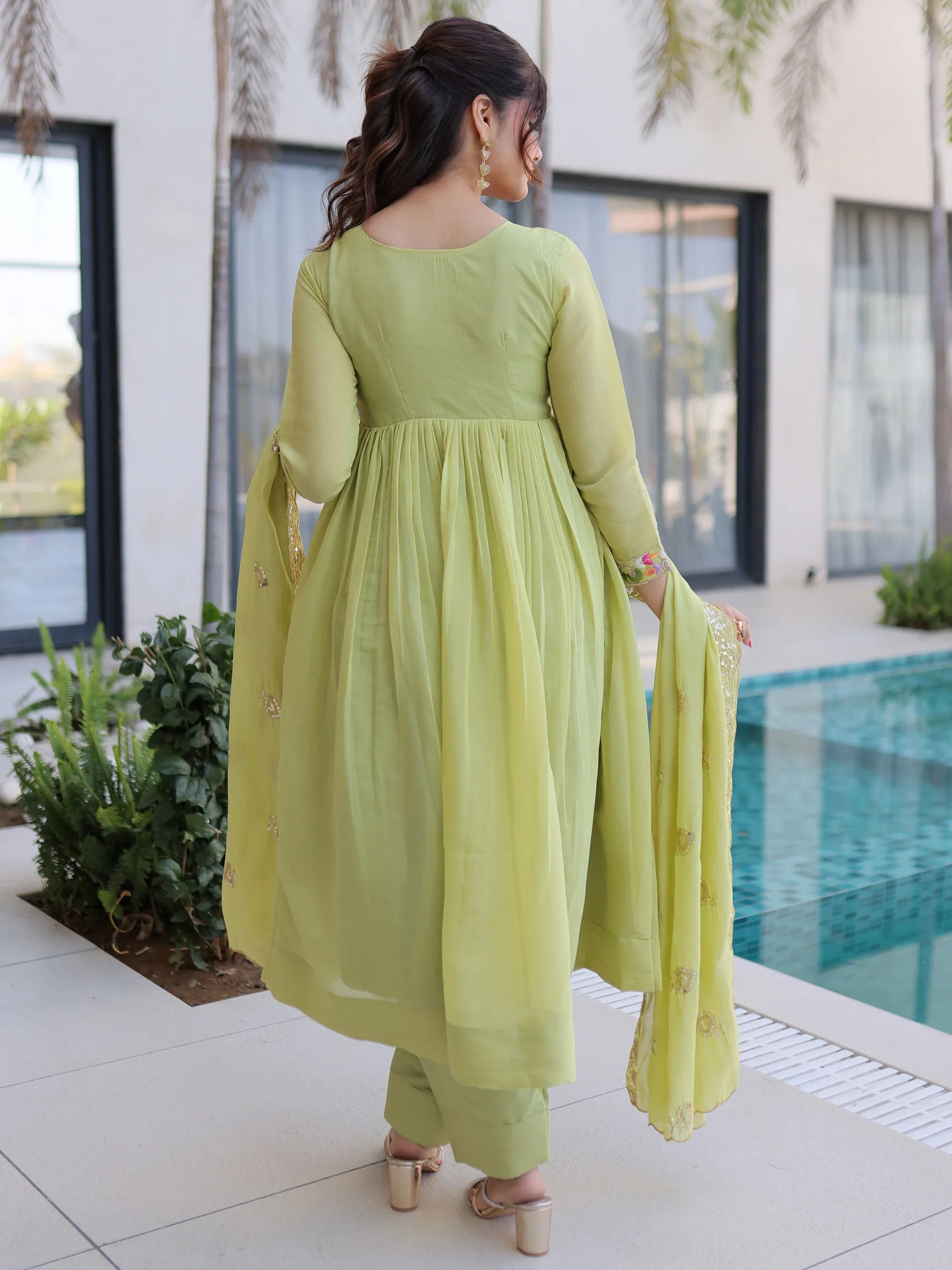 Rich Pista Green Thread Work Chanderi Traditional Anarkali Pant Suit
