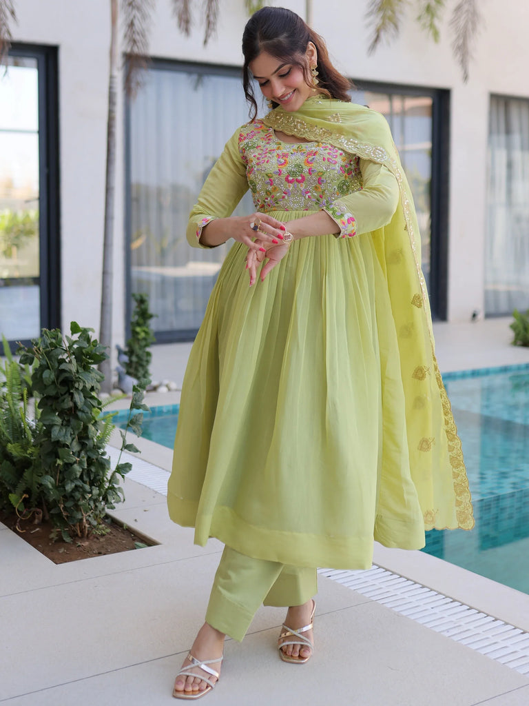 Rich Pista Green Thread Work Chanderi Traditional Anarkali Pant Suit