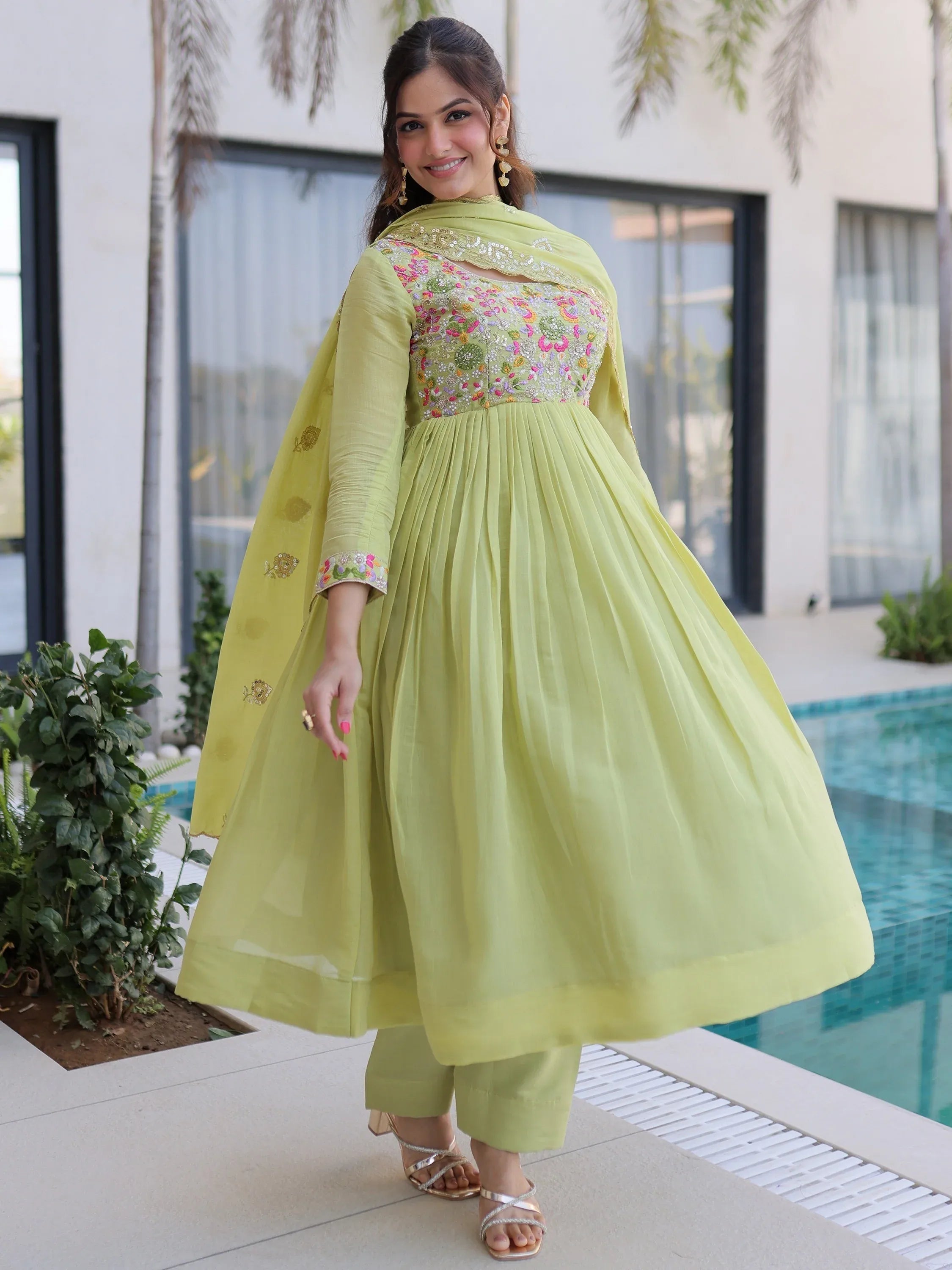 Rich Pista Green Thread Work Chanderi Traditional Anarkali Pant Suit
