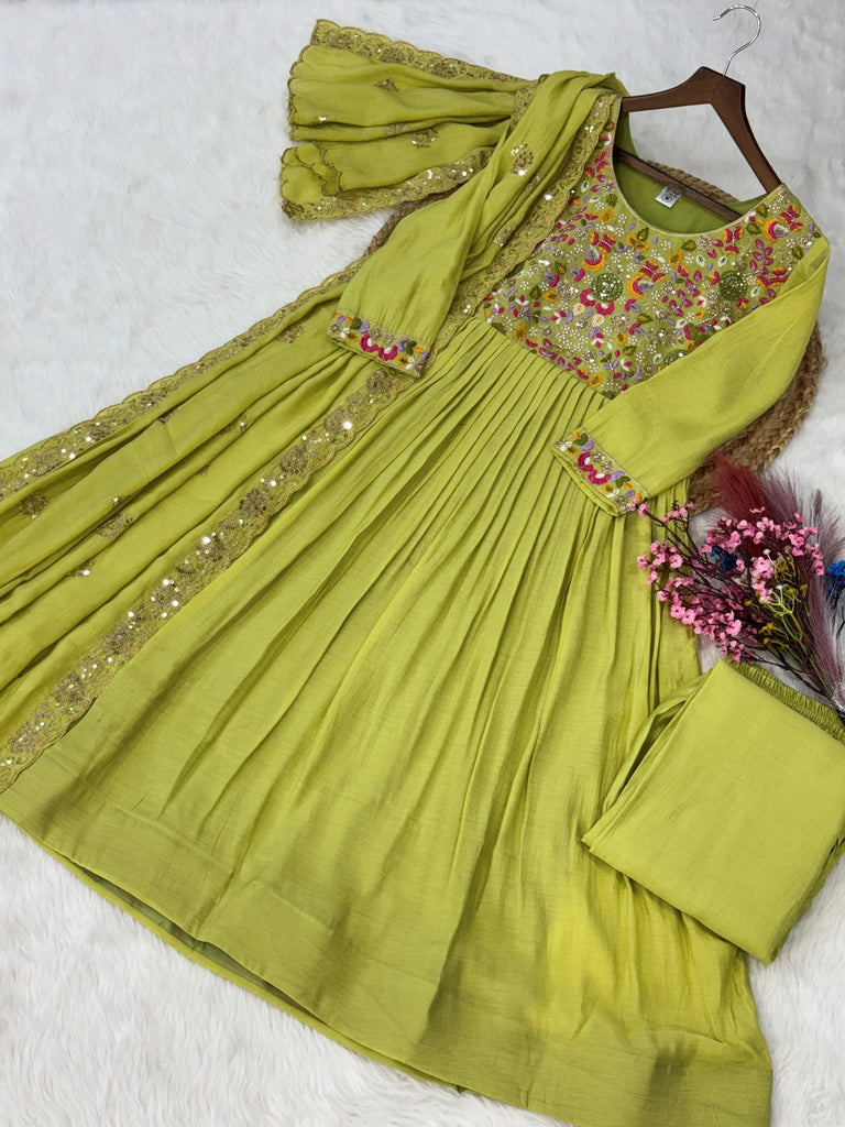 Rich Pista Green Thread Work Chanderi Traditional Anarkali Pant Suit
