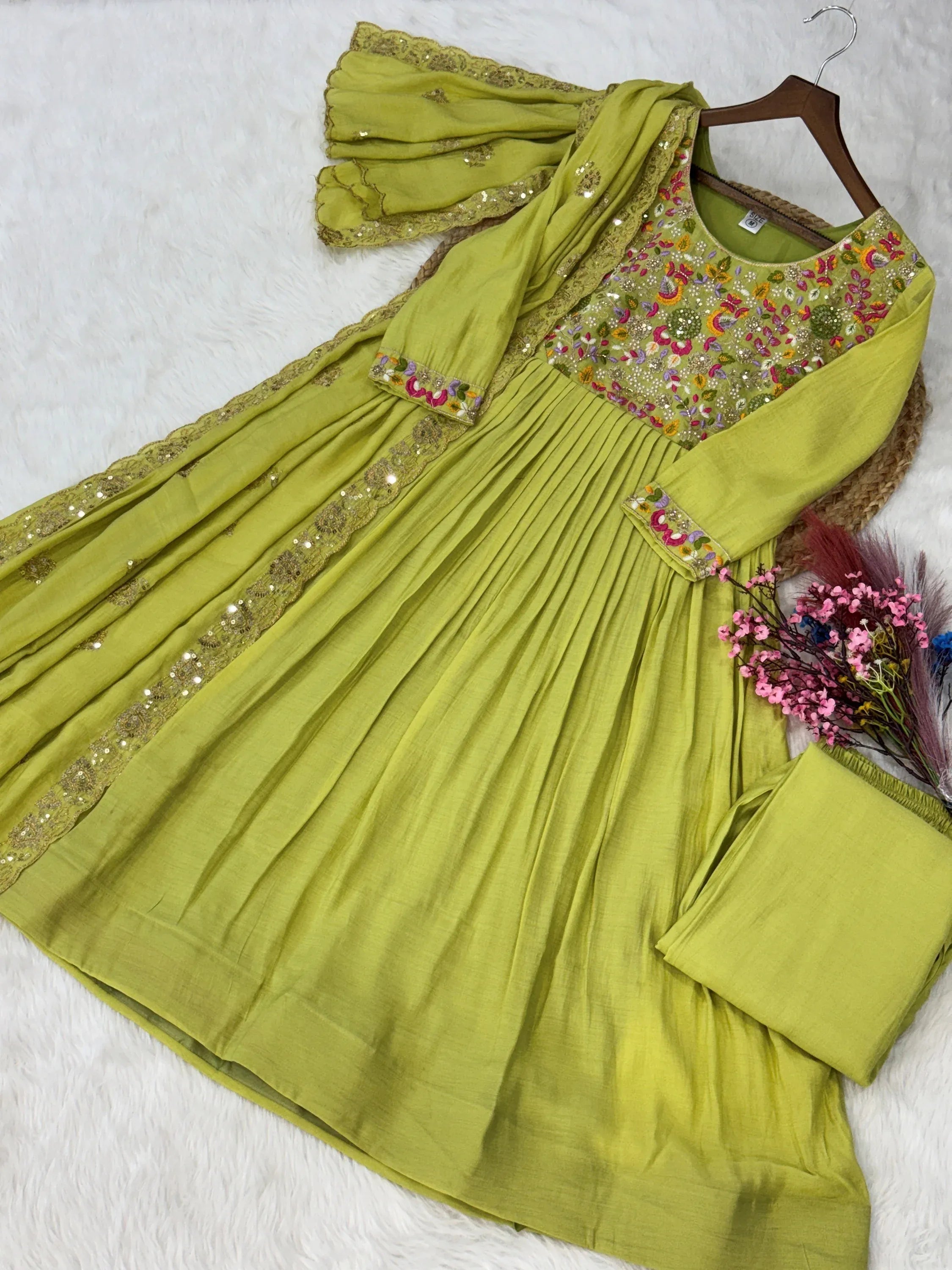 Rich Pista Green Thread Work Chanderi Traditional Anarkali Pant Suit