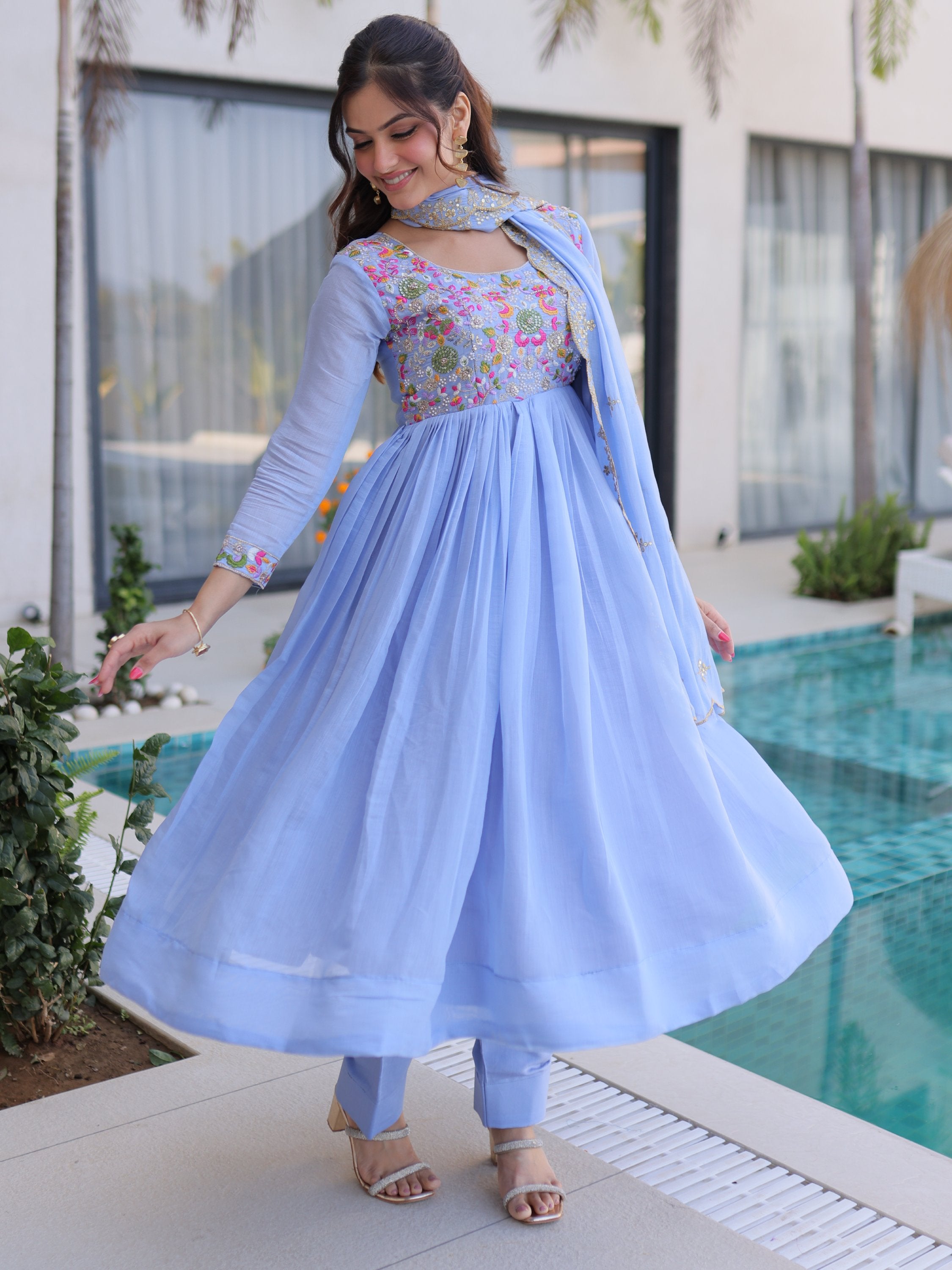 Charming Sky Blue Bead Work Chanderi Event Wear Anarkali Pant Suit