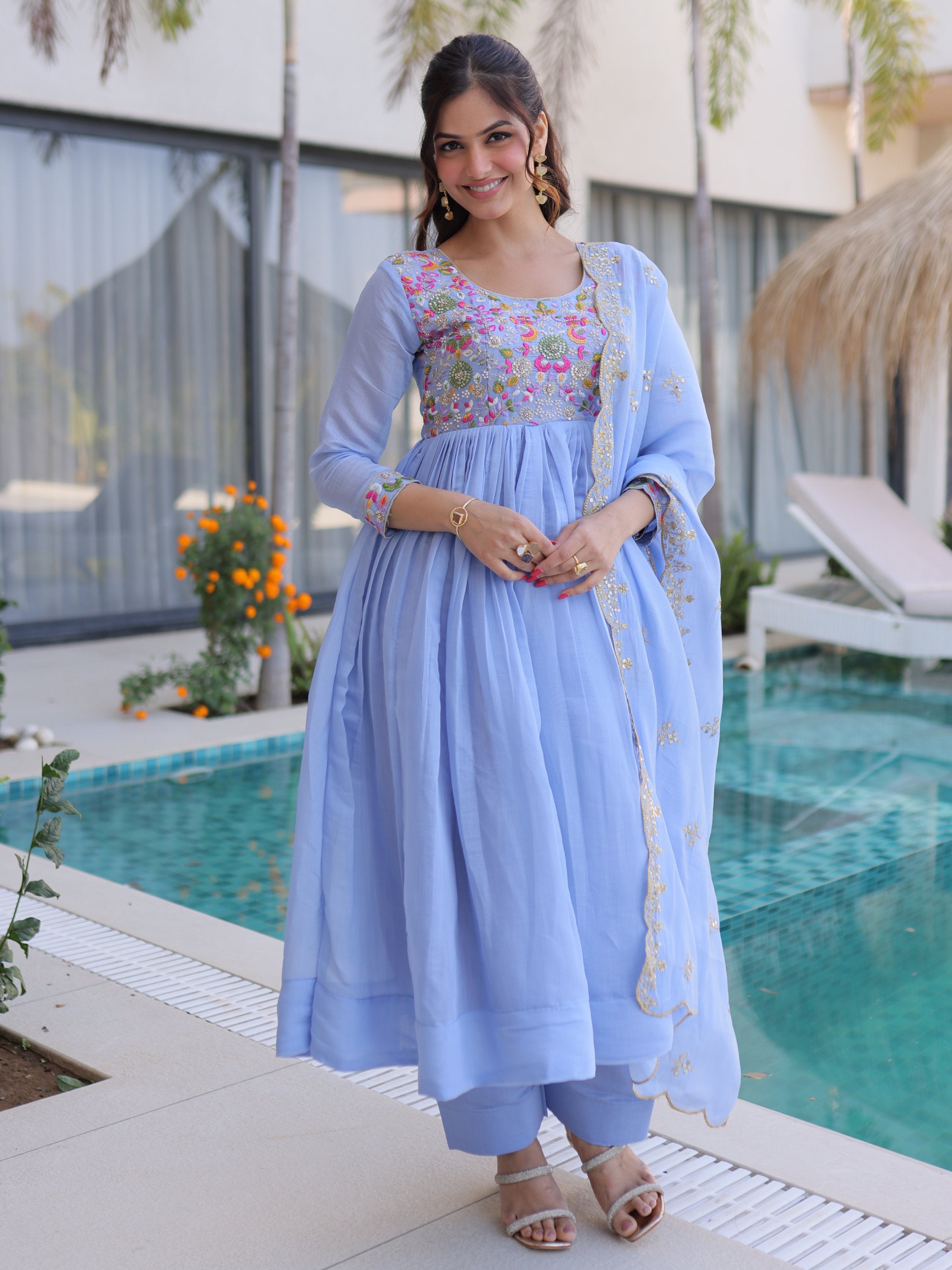 Charming Sky Blue Bead Work Chanderi Event Wear Anarkali Pant Suit