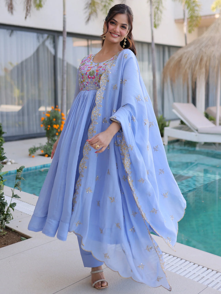 Charming Sky Blue Bead Work Chanderi Event Wear Anarkali Pant Suit
