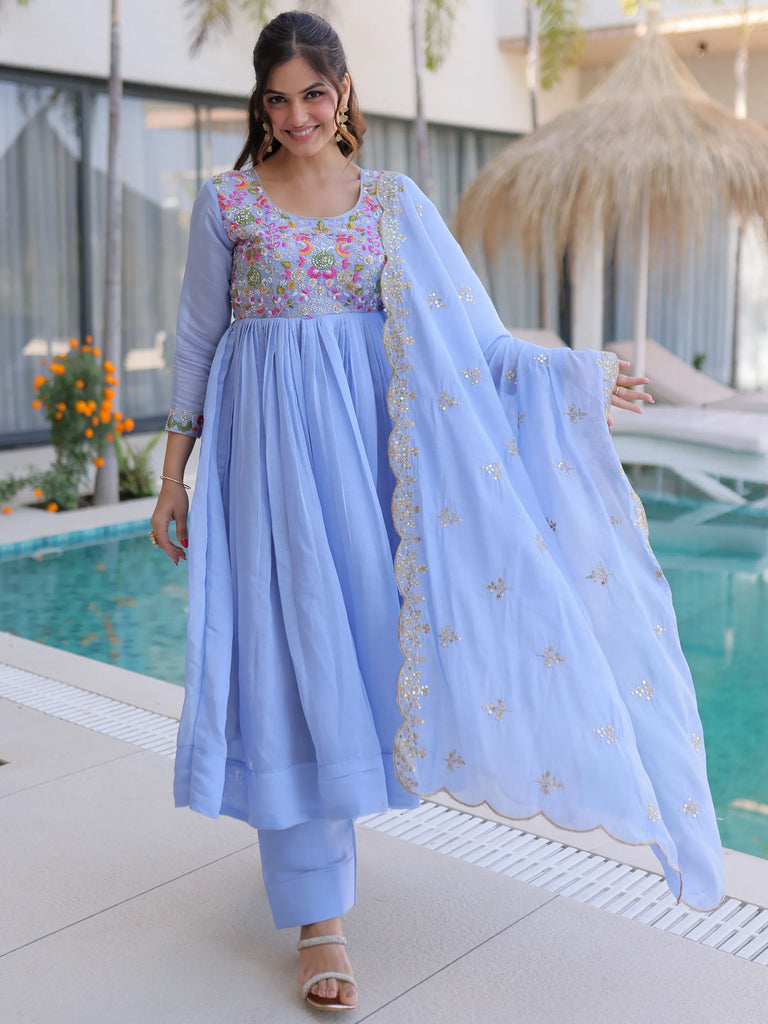 Charming Sky Blue Bead Work Chanderi Event Wear Anarkali Pant Suit