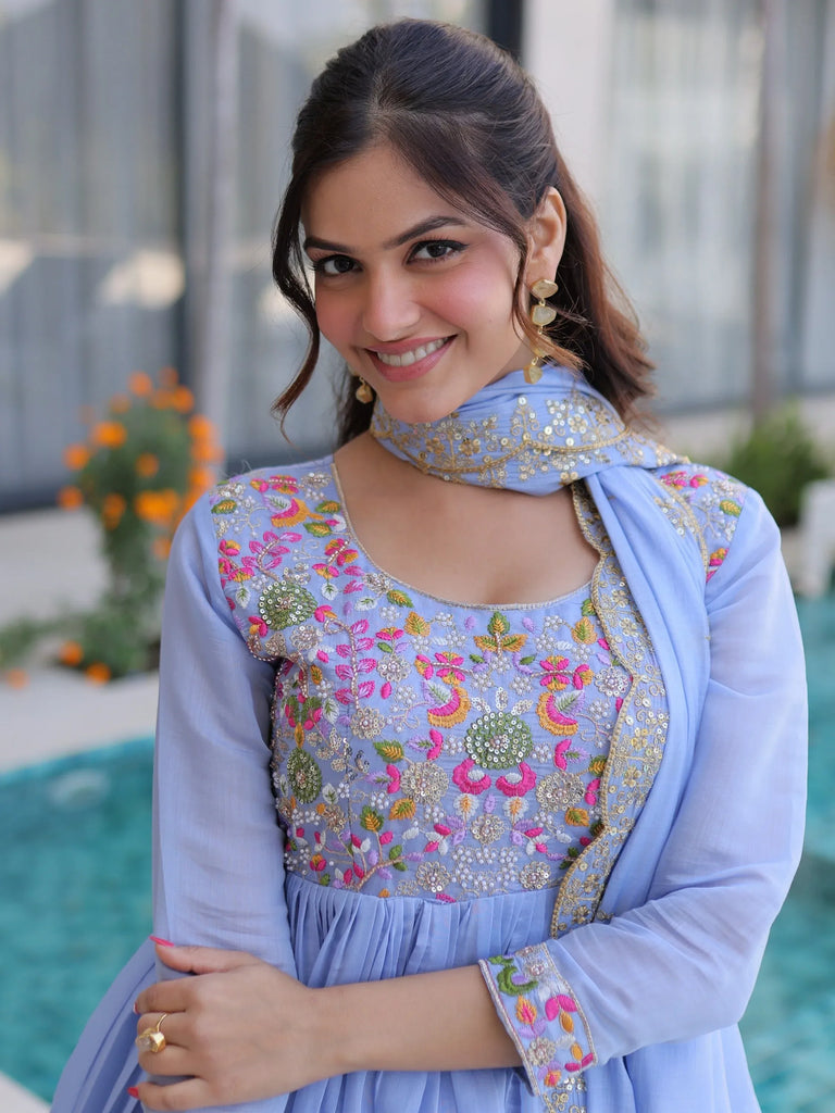 Charming Sky Blue Bead Work Chanderi Event Wear Anarkali Pant Suit