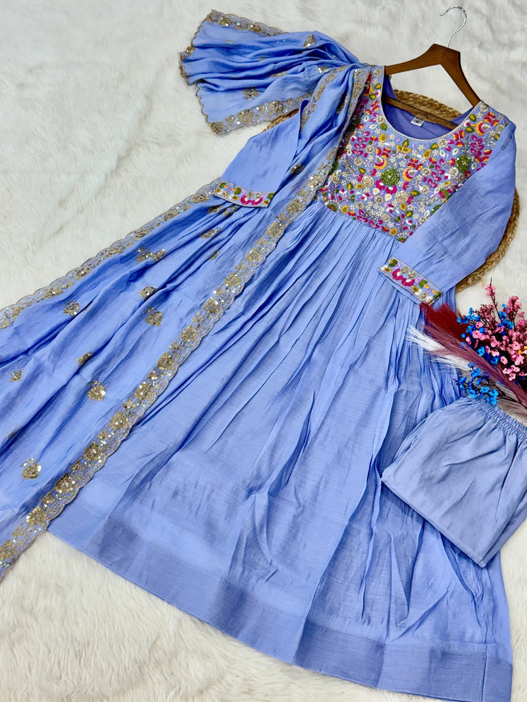 Charming Sky Blue Bead Work Chanderi Event Wear Anarkali Pant Suit